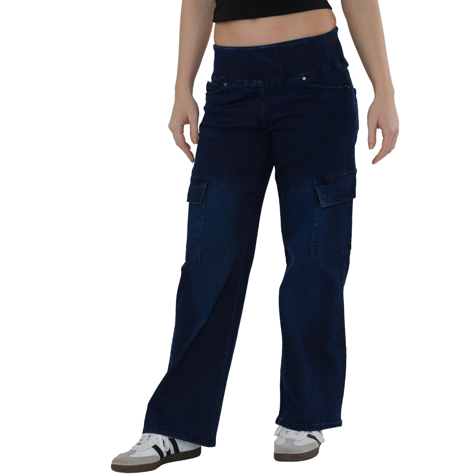 MYT Women’s Tummy Control Wide Leg Cargo Jeans Ladies Baggy Loose High Waisted Stretch Denim Pants Dark Stonewash Blue 22 Regular