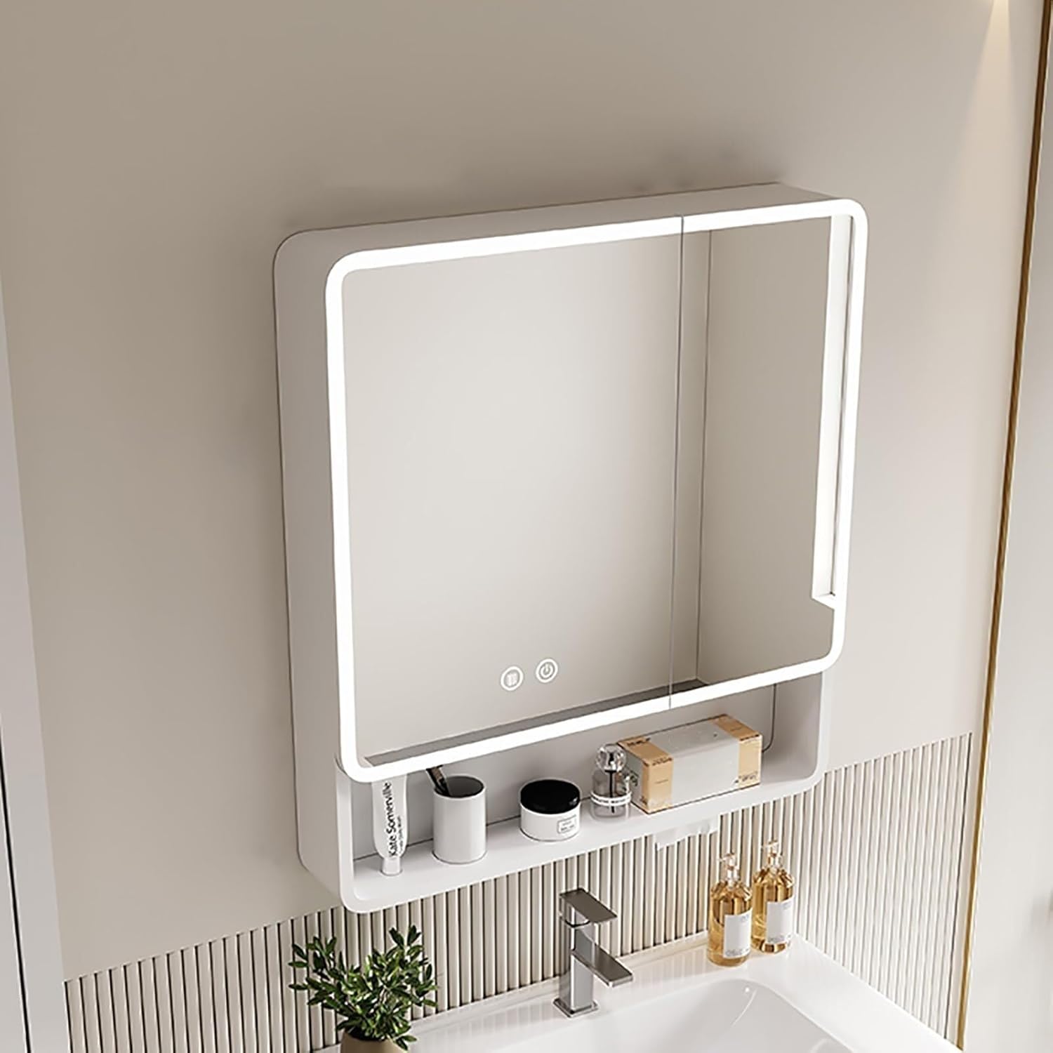 Smart Vanity Bathroom Cabinet with LED Lights, Anti-Fog Mirror, and Hanging Storage Shelf, Wall-Mounted Medicine for Organization Grooming(White,23.6in/60cm)