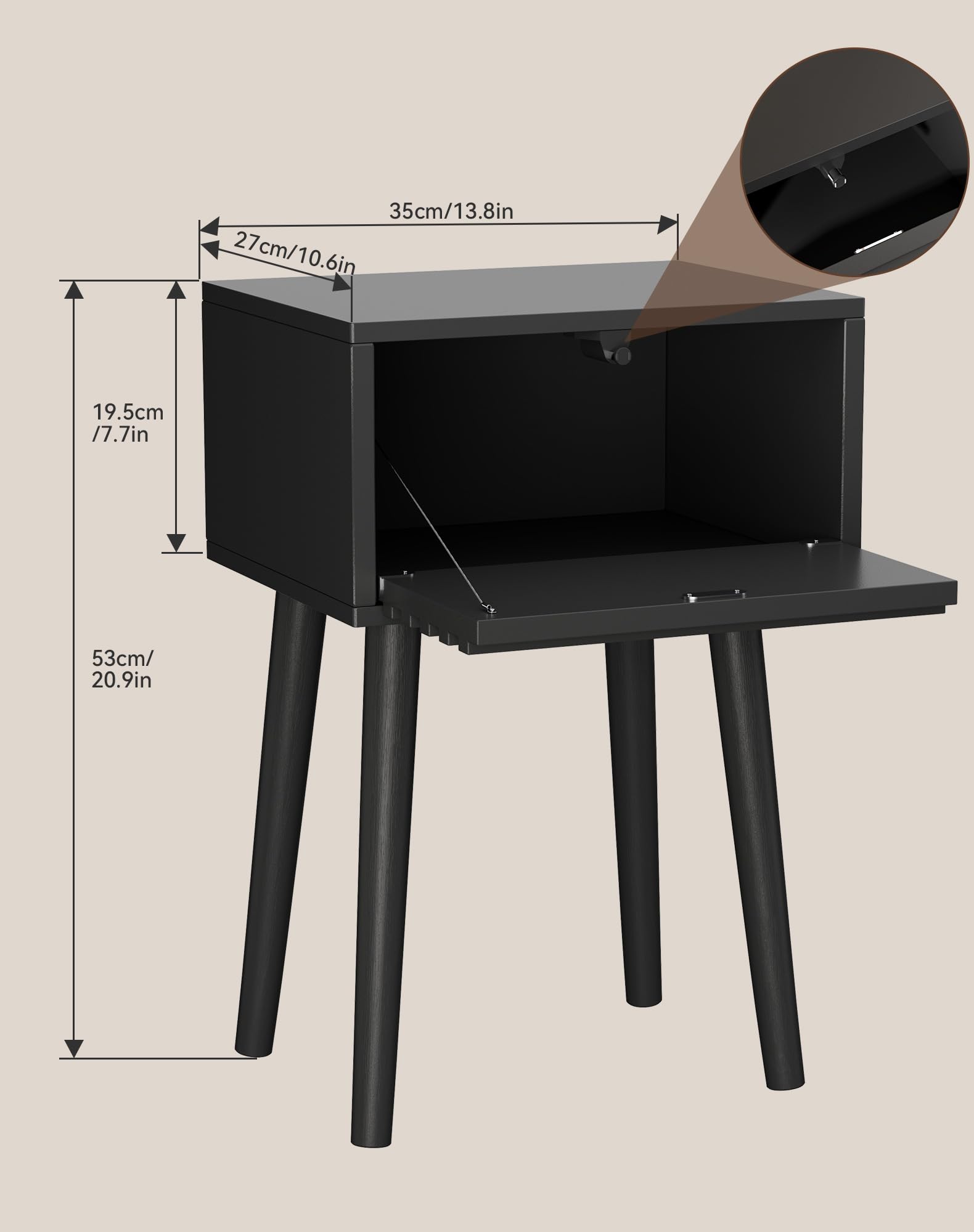 YMYNY Set di 2 Comodini, Tavolini da Salotto, Stile Mid-Century Moderno Canaliato, Cassetto a Apertura a Pressione, Gambe in legno massello, 35×27×53cm, per Camera da Letto, Soggiorno, Nero HST018B-2