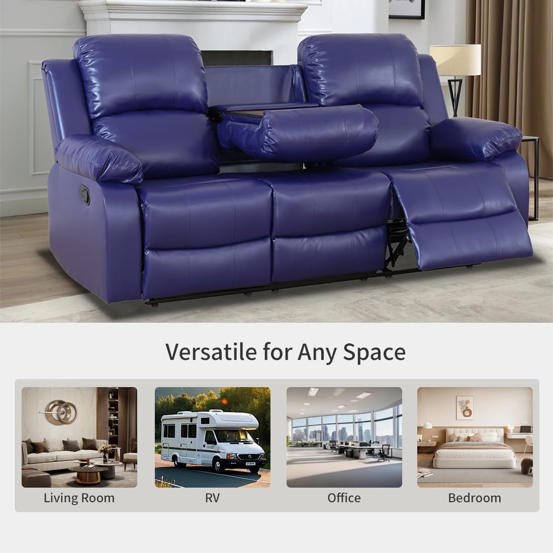 Toseslo Living Room Furniture Set, Manual Reclining Sofa Set, Blue Leather Recliner Couch Sets with Drop-Down Table, Recliner Sofa with Storage Console/Cup Holder for Living Room/Apartment view 6