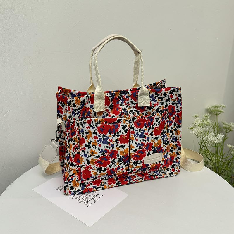 Image of Cherry Tote Bag for Women Canvas Patched Purse Cute Shoulder Bag Multi-Pocket Satchel Handbag for work travel
