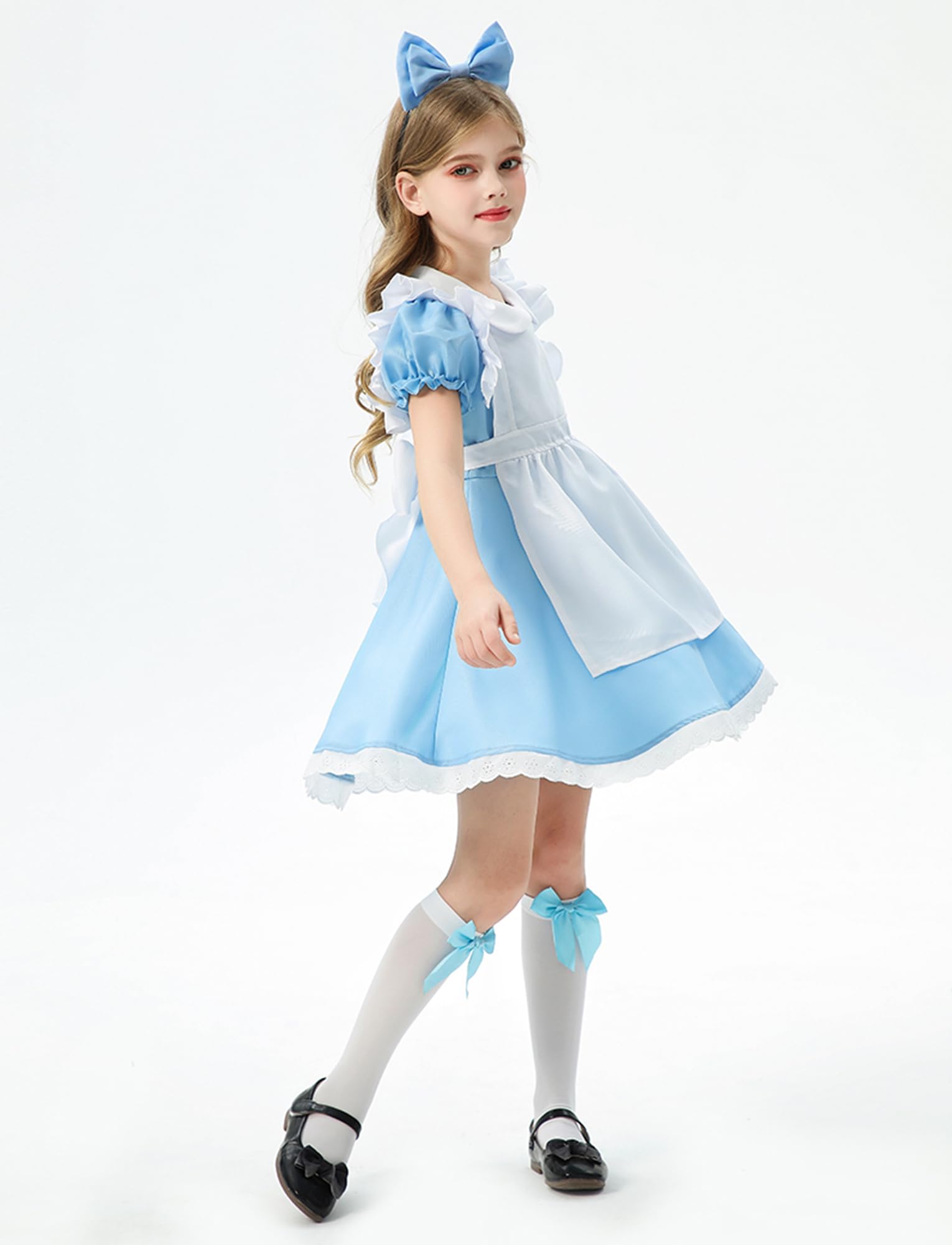 Girls 3Pcs Maid Dress with White Apron Bow Headwear for Halloween Cosplay Lolita Anime Party Uniform Blue 13-14 Years - Image 3
