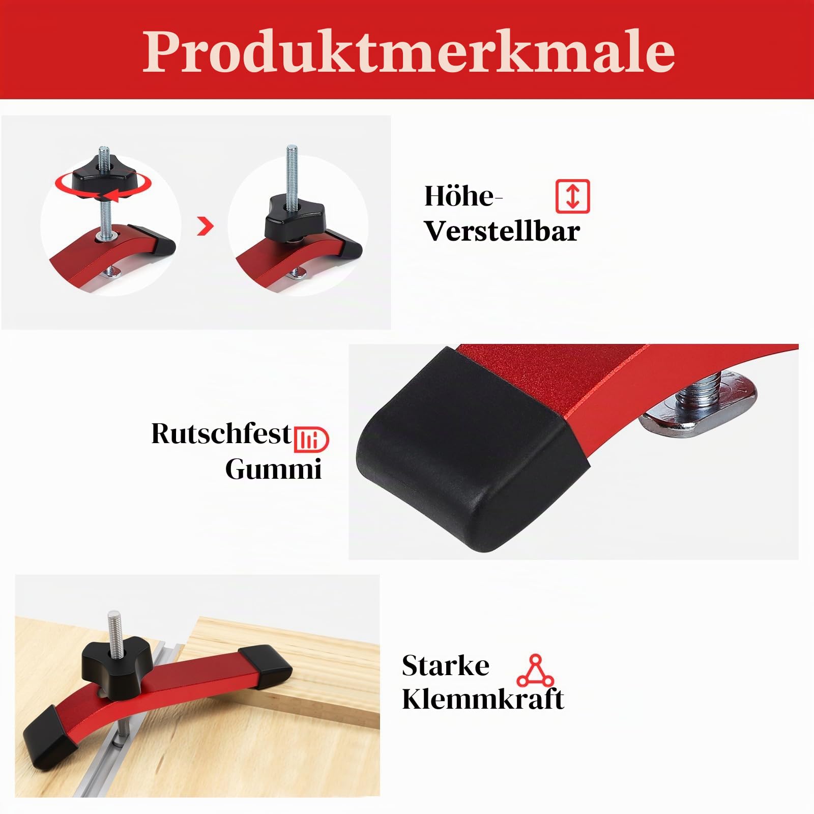 SWAWIS 4 Stück Rot Niederhalter T-Track T Nut Schiene Splint | Aluminiumlegierung T-Track Halteklammer Set, Schienenklemm Schnellspannklemmen für Werkzeug zur Holzbearbeitung