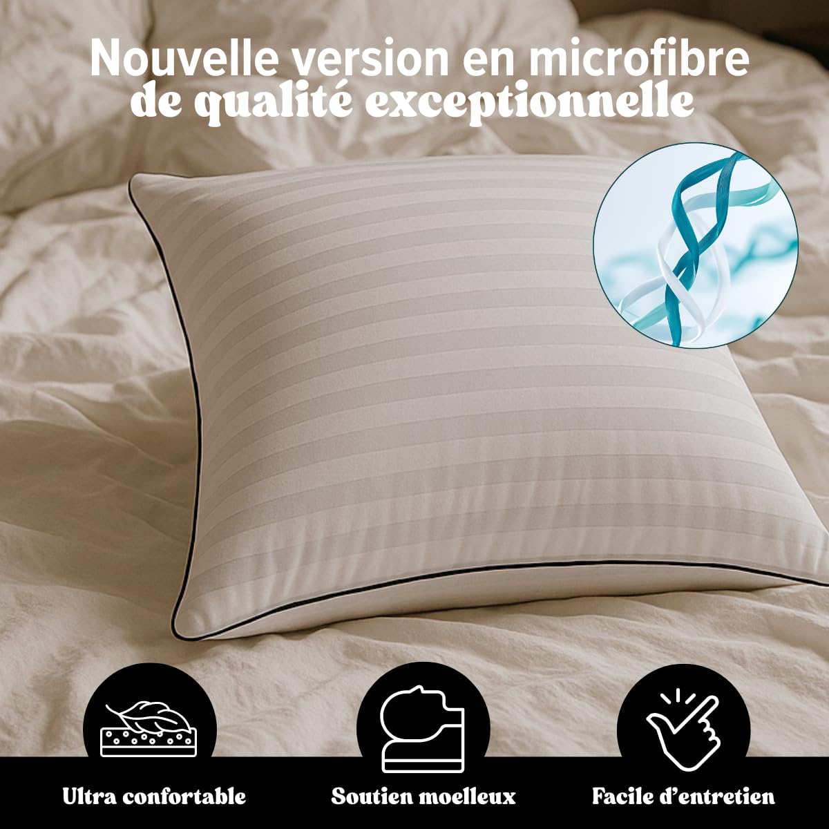 DREAMWAY Oreiller 60x60 cm Lot de 2 Oreillers Carrés | Confort Moelleux, Qualité Hôtelière, Respirant et Hypoallergénique, Idéal pour Dormeurs sur Le Côté, Le Dos et Le Ventre