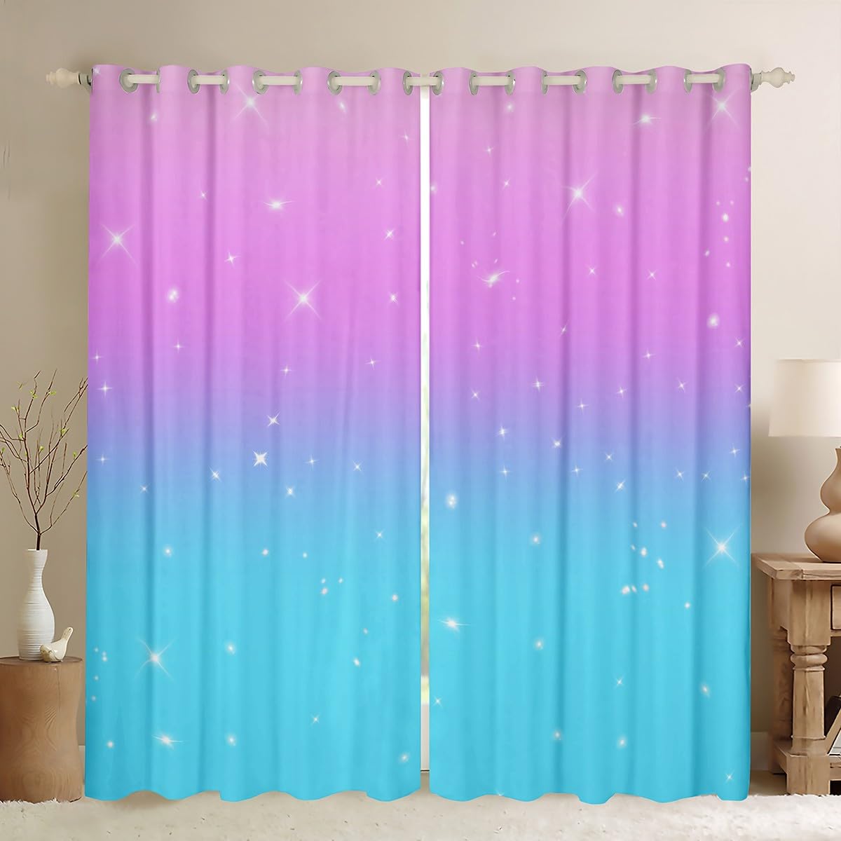 Homemissing Blue and Pink Ombre Curtains for Bedroom Living Room Girls Rainbow 30%-50% Blackout Curtains for Colorful Window Drapes Gradient Strle Glitter Window Treatments W66*L90