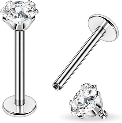 PunkTracker Titanium Steel 16g/18g Internal Thread CZ Stud Piercing Jewelry for Tragus/Nose/Helix/Conch/Medusa/Lip/Daith/Labret - Helix Tragus Cartilage Earring for Women Men 2PCS