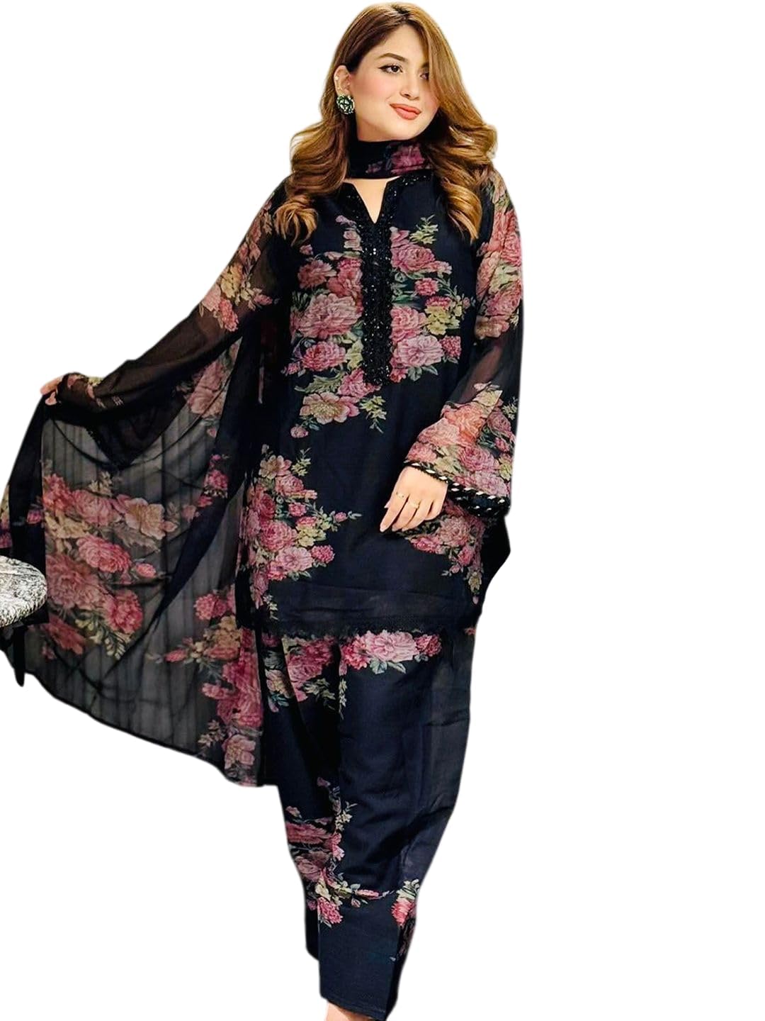 Women's Faux Georgette Printed Work Straight Kurta Faux Georgette Dupatta with printed Heavy Crepe Pant with Solid Dyable work-image-12