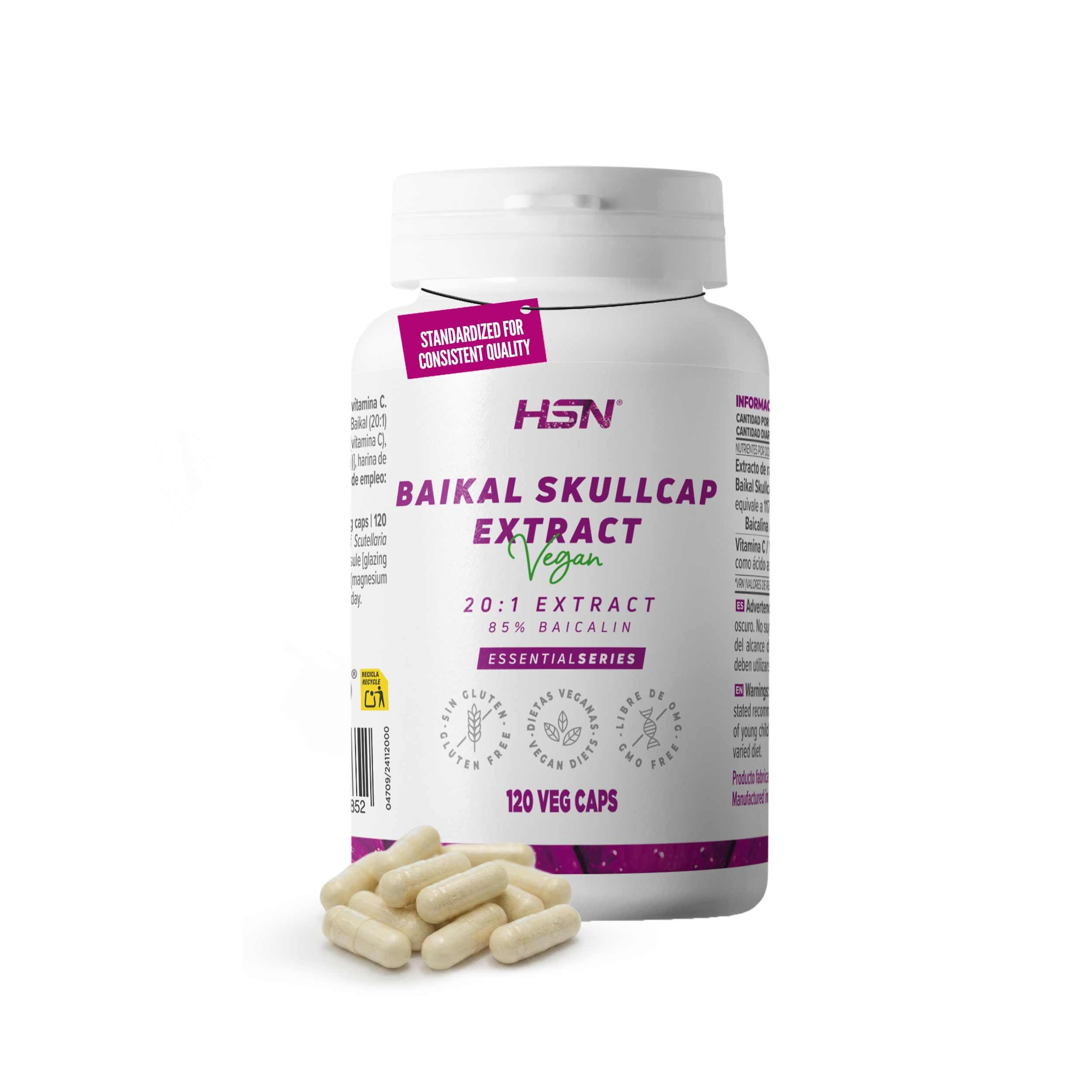 HSN Baicalin (Scutellaria baicalensis) 500 mg pro Tagesdosis | 120 Pflanzliche Kapseln | 20:1 Extrakt aus der Wurzel der Baikal-Helmkraut (Scutellaria baicalensis, 85% Baicalin) | Ohne Gentechnik, Ve