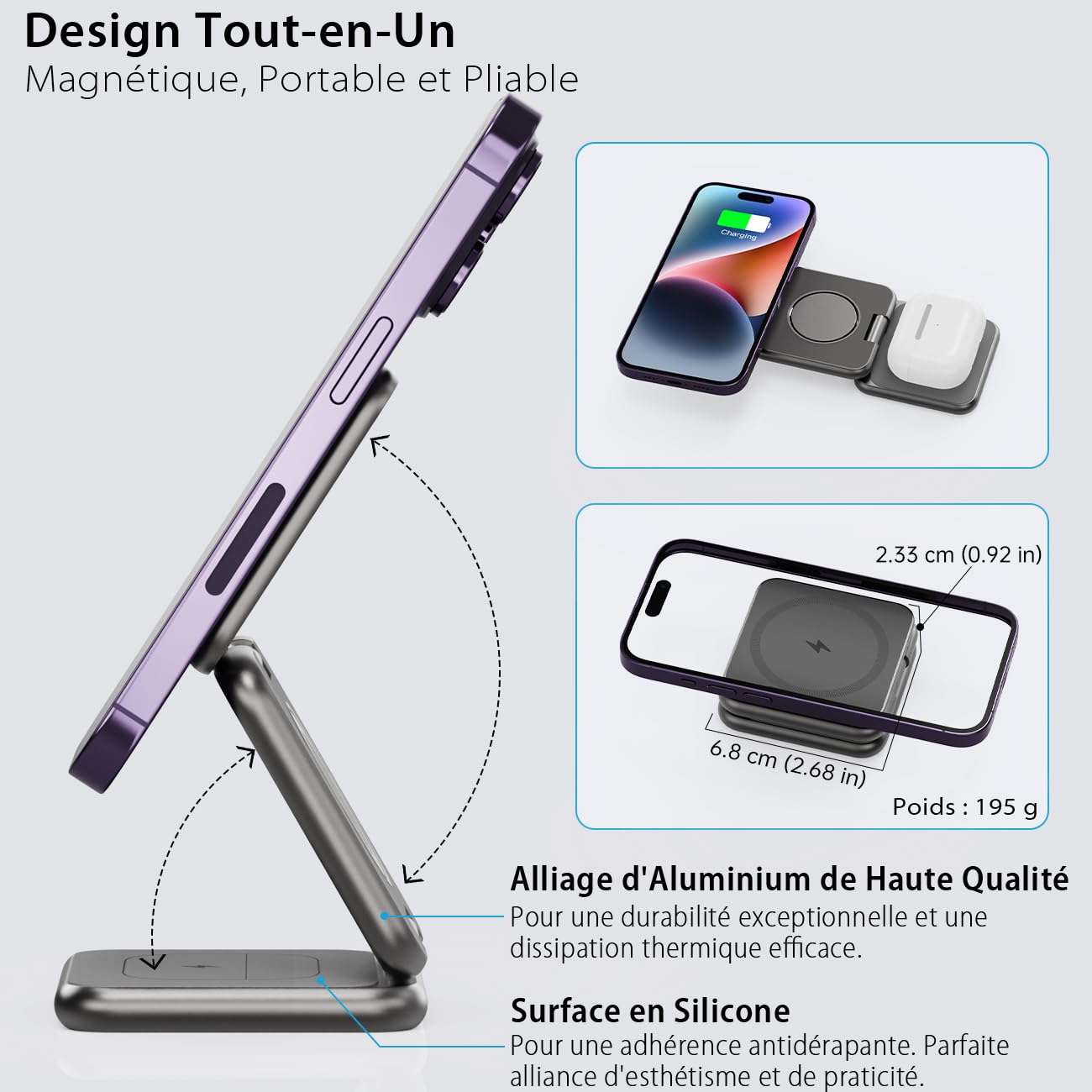 KU XIU X40 Station de Charge 3-en-1, Chargeur Induction Pliable pour iPhone 17–12 / Air, 5W pour iWatch Séries 4–11 / SE/Ultra et Écouteurs sans Fil 2/3/4 / Pro – Gris, Boîtier en Aluminium