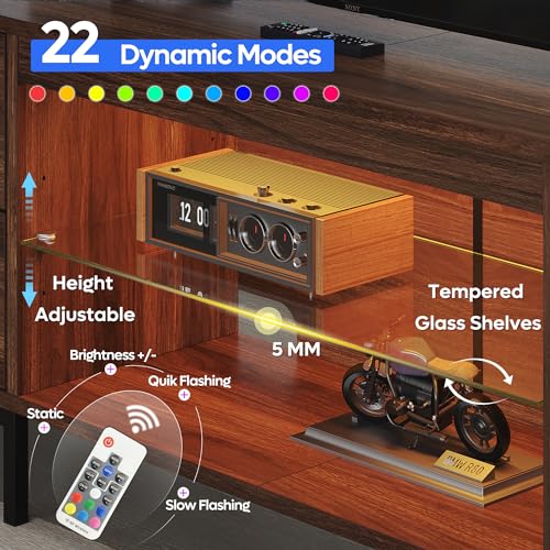 Image of Bestier TV Stand for 75 /80 /85 inch TV, LED Gaming Entertainment Center, Modern TV Cabinet with Glass Shelves for Living Room, Media Console with 2 Storage Drawers & Cabinets for Bedroom, Walnut