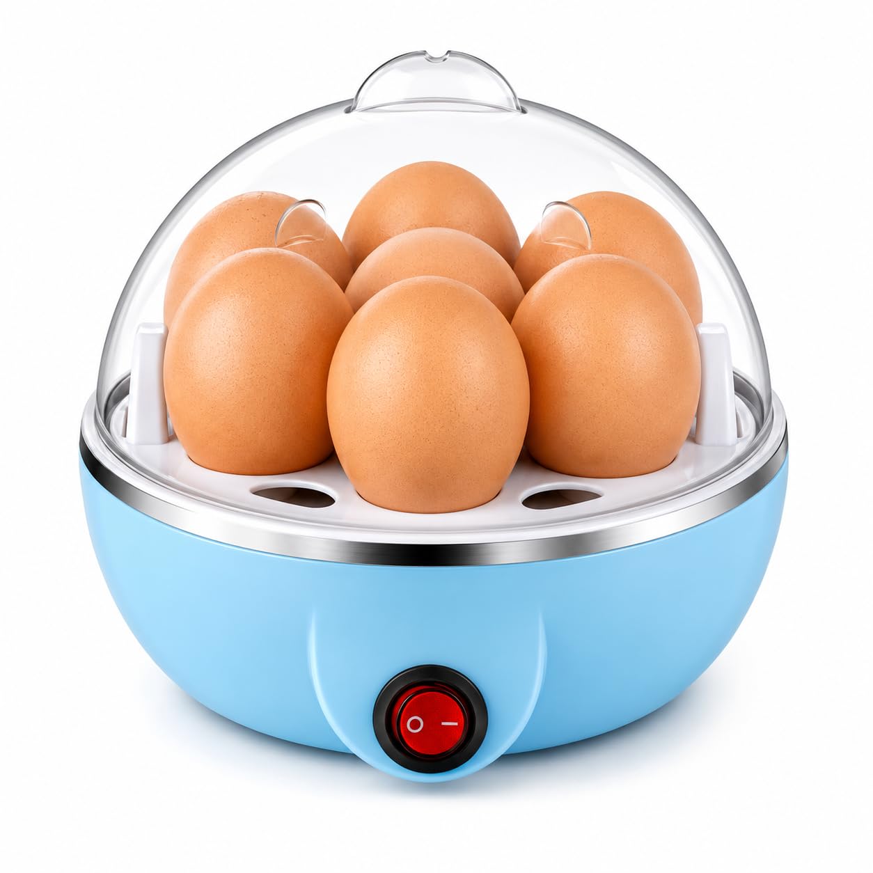 electric egg boiler & cooker | 7 egg capacity | boil, steam, poach & fry | automatic shut-off | stainless steel heating plate | one button operation | transparent lid