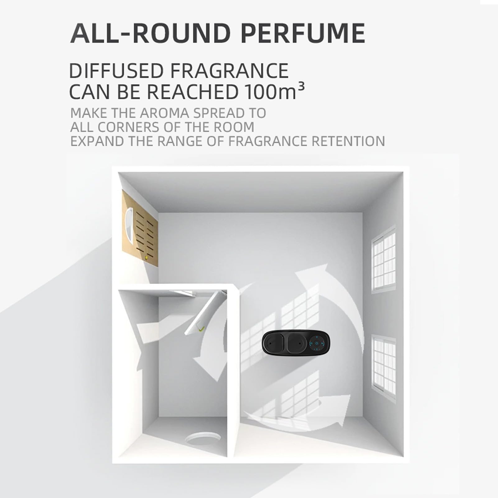 Brrnoo Aromatherapie-Diffusor mit 2 Düsen, APP-gesteuert, Ultraschall, 2 Timer, Umgebungslicht, für Räume bis 100 m³, Dual-Duft, 4000-mAh-Akku, 36 dB