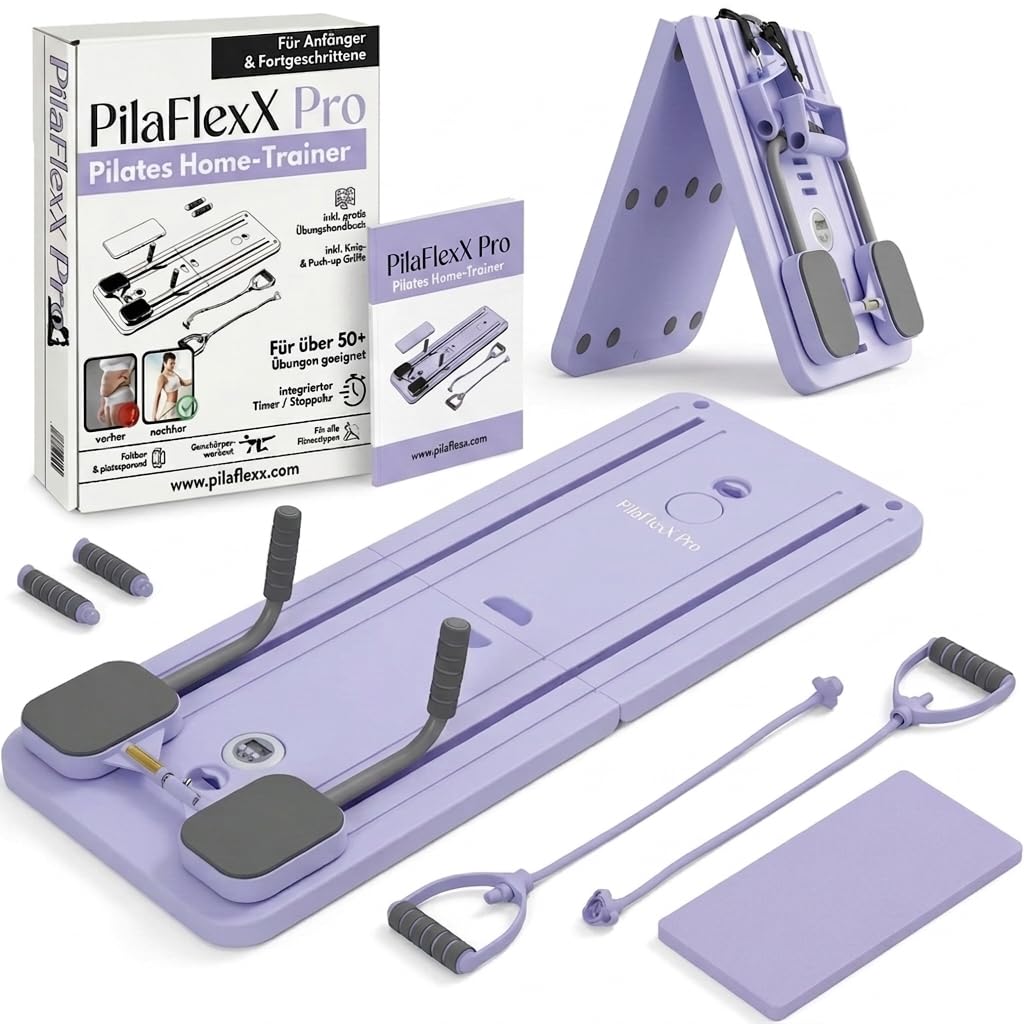 Pilates Board für Zuhause – Reformer Maschine als vielseitiges Fitness Gerät für Ganzkörpertraining, Bauch Beine Po, Home Workout & Home Fitness inklusive Video Übungen und Widerstandsband