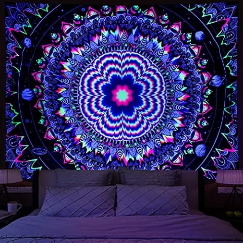 Amonercvita Blacklight Tapestry Trippy Mandala Tapestry UV Reactive Galaxy Stars Tapestry Bohemian Neon Tapestry Wall Hanging Hippie Black Light Poster for Living Room Cover
