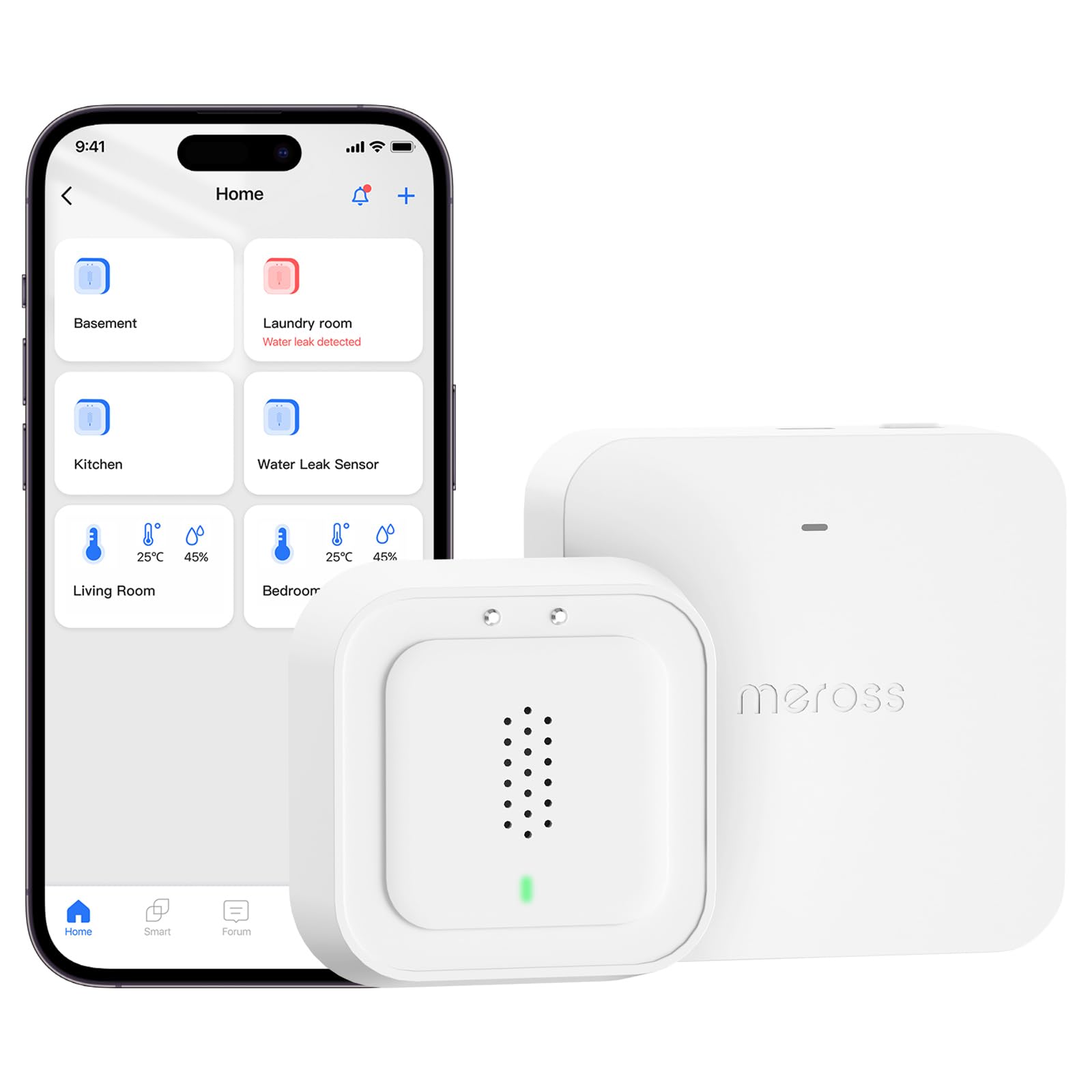 Meross Smart Water Detector with Hub | Water Leak Sensor WLAN 0.3 mm Detection | Up to 100 dB Sensor & App & Hub Alarm | Smart Water Alarm Detector for Kitchen, Bathroom, Basement | Battery for 3