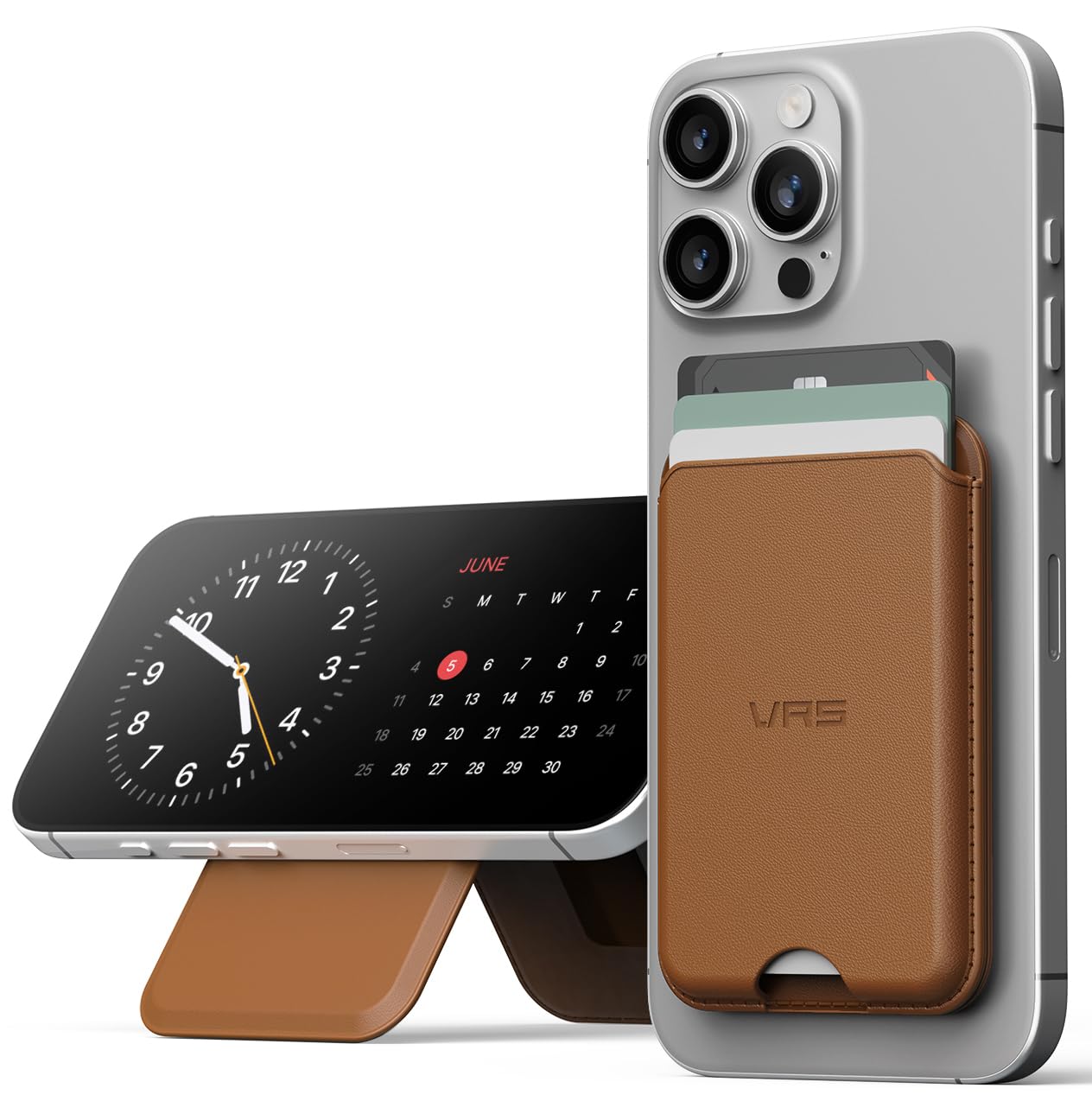 VRS DESIGN Premium Magnetic Wallet with Kickstand, Faux Leather Magnetic Portable Credit Card Holder for iPhone 16/15/14/13/12 Series (Brown)