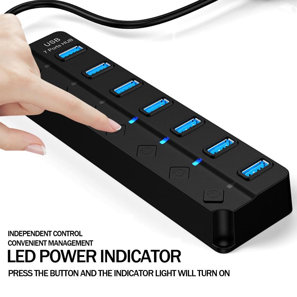 7-Port Powered USB 3.0 Data Hub with Led Individual On/Off, Multiport Adapter with 5gbp Data Ports, USB 3.0 Hub for Laptop,pc Computer,Surface Pro, Flash Drive, Mobile HDD