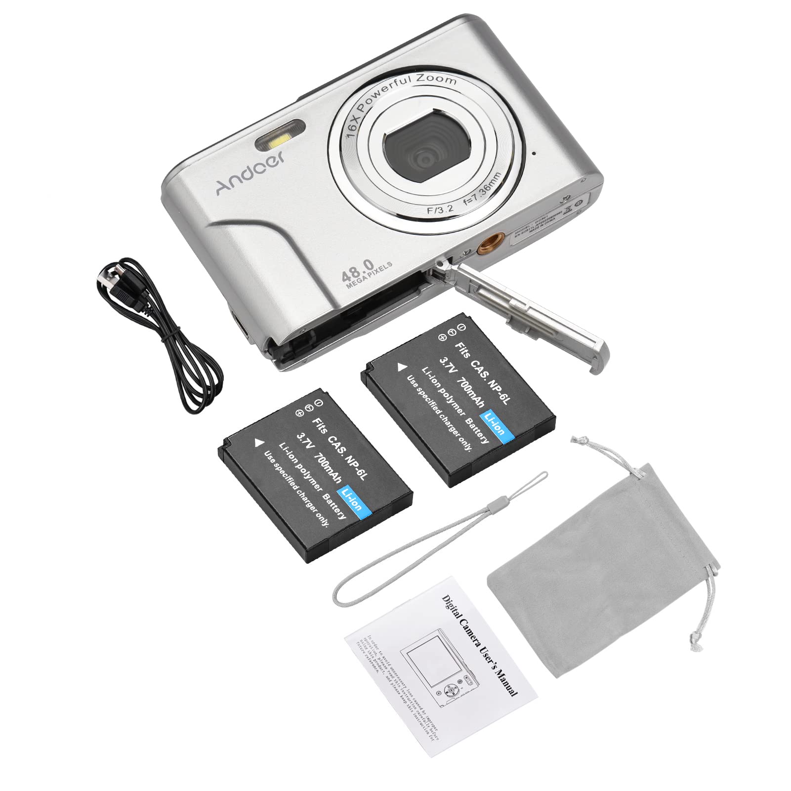 Andoer Przenośny aparat cyfrowy 48 MP 1080p 2,4" IPS 16X zoom 16X samowyzwalacz autofokusowy 128 GB rozszerzona pamięć wykrywanie twarzy zapobiegający wstrząsom z 2 bateriami Pasek do noszenia
