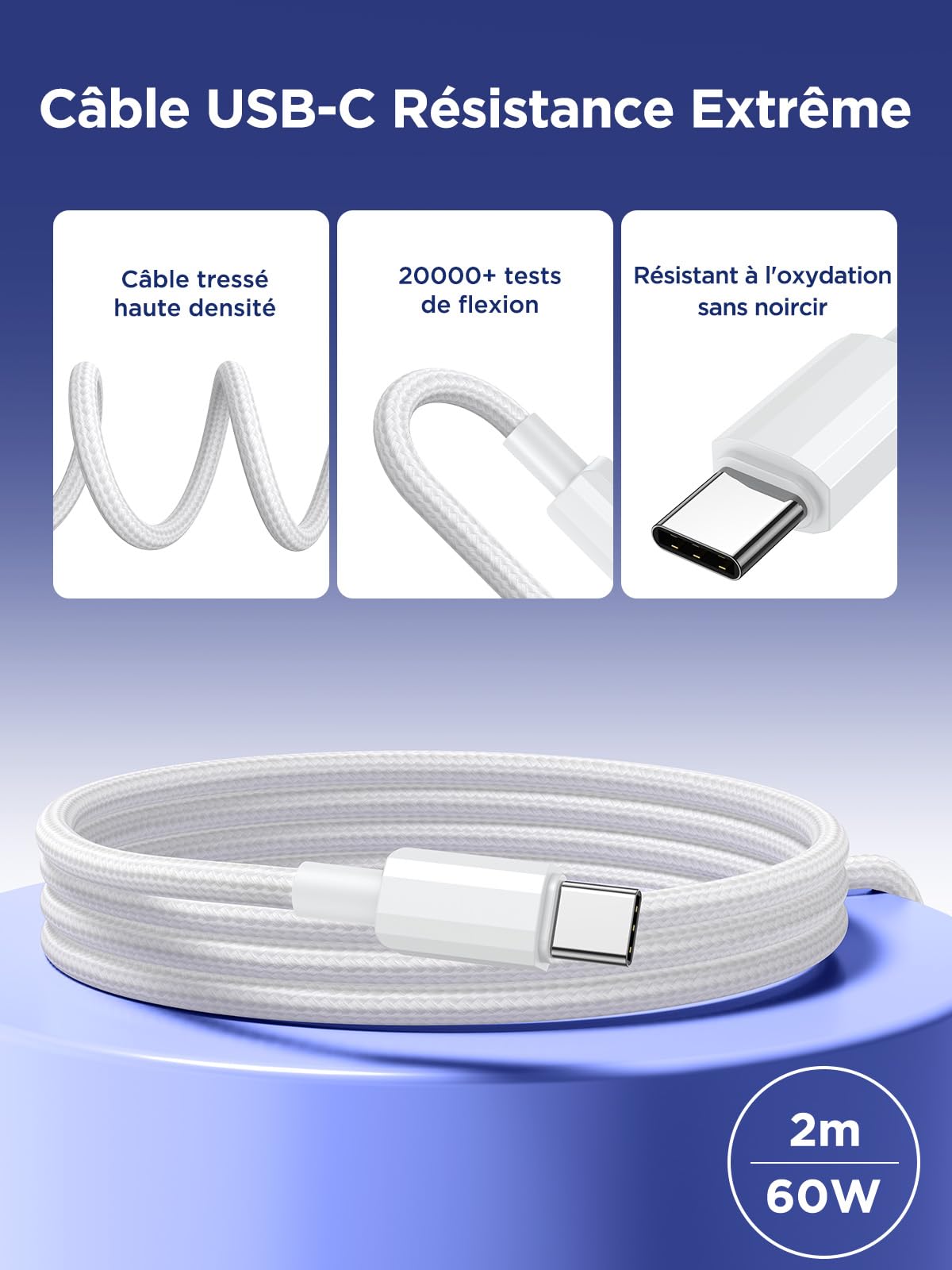 Chargeur Rapide USB-C 20W Avec Câble 3m - Adaptateur PD Pour IPhone 17/16/15, IPad Pro/Air, Samsung Galaxy | Prise Secteur Type-C, Protection Multi-sécurités