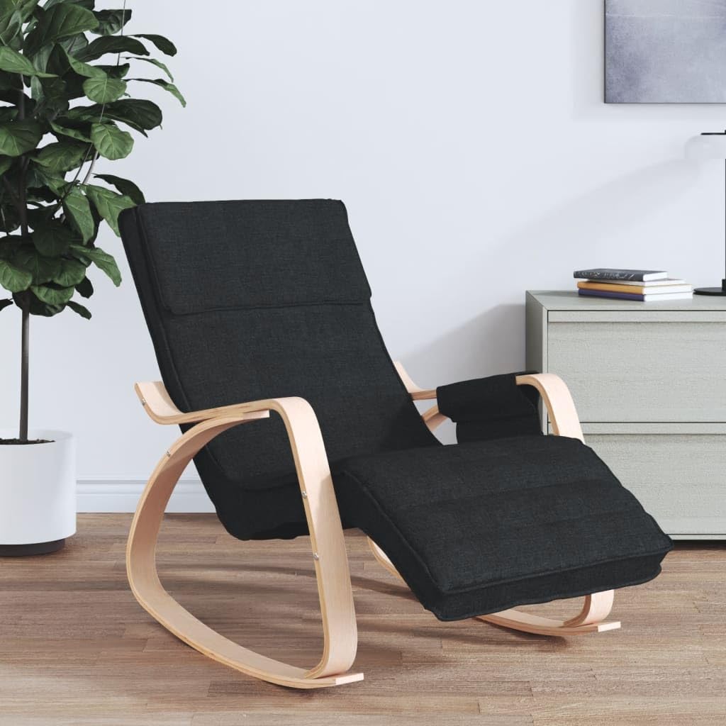 Sedia a dondolo in tessuto nero con struttura in legno massello di betulla, seduta e braccioli imbottiti, 67 x 80 x 88 cm, sedia relax per soggiorno, camera da letto, cameretta dei bambini