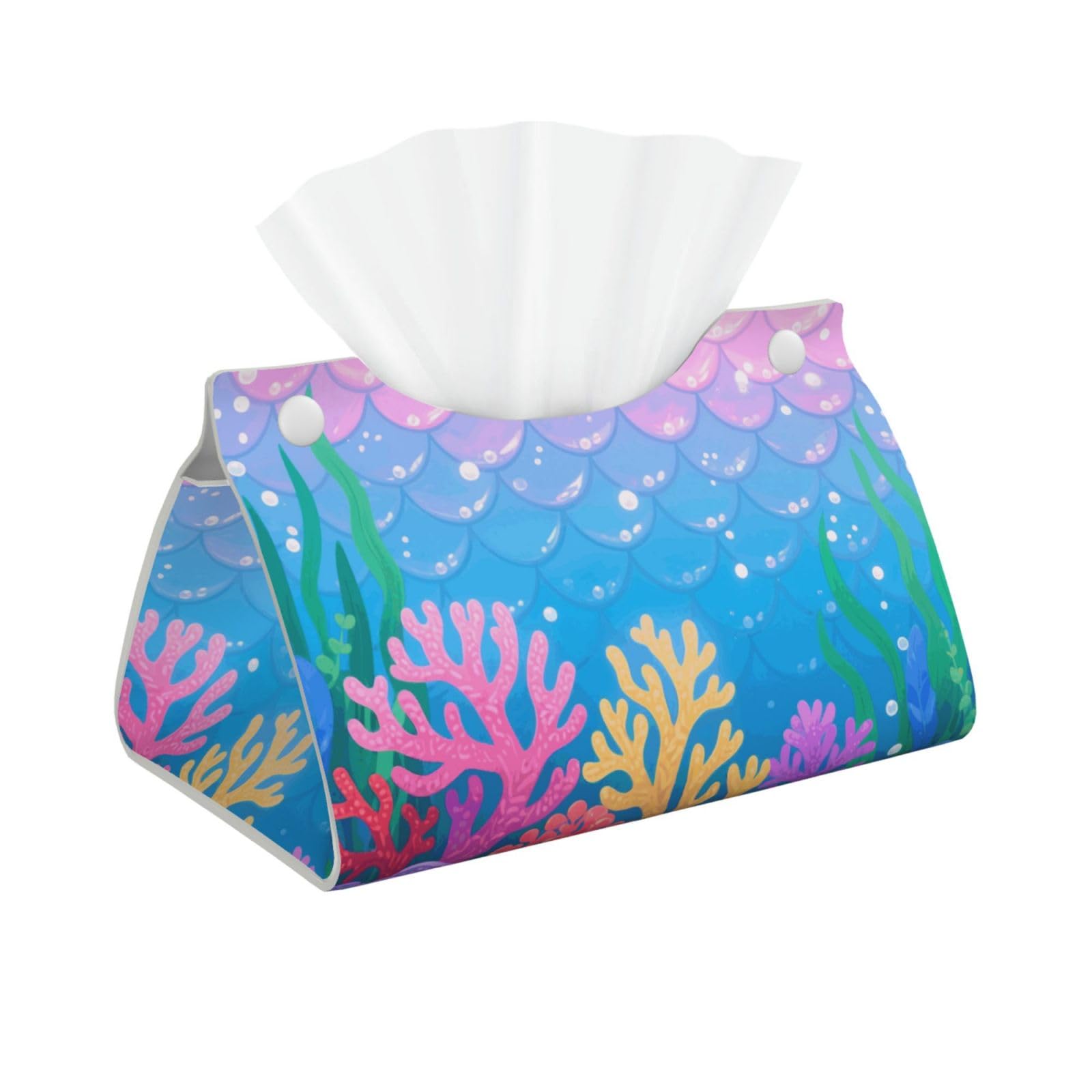 Pu Leather Tissue Box Cover, Blue Pink Mermaid Scales Ocean Coral Rectangle Tissue Case Covers Decorative Tissue Box Holder Waterproof Tissue Holder Organizer for Bathroom Home Office