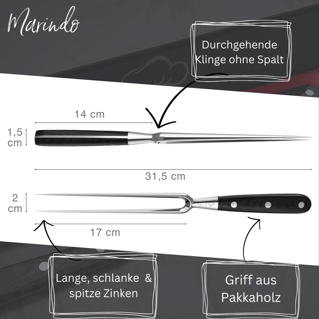 Marindo Forchetta professionale per carne in acciaio inox, 31,5 cm, con manico in legno e lunghezza lama 17 cm, forchetta per arrosti, forchetta da trinciatura in acciaio inox grande