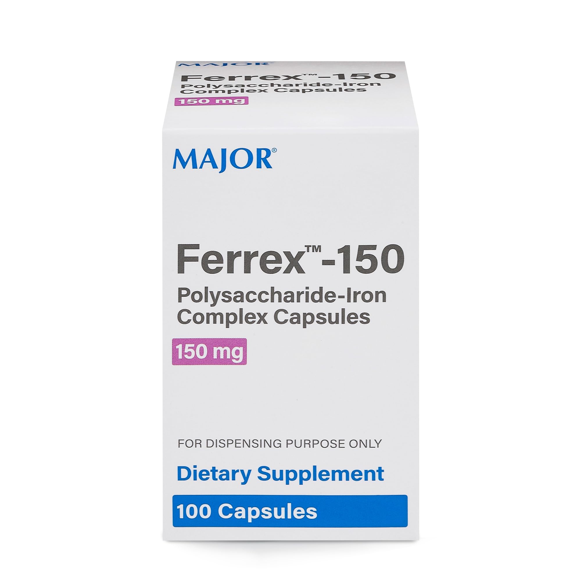 MAJOR Ferrex-150 Polysaccharide-Iron Complex Capsules 150mg Iron Supplement for Women and Men – Gentle on Stomach – 100 Capsules