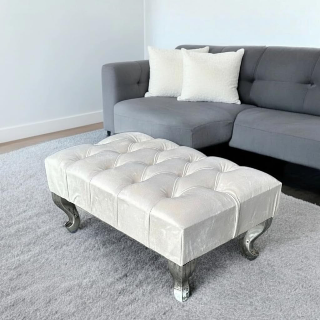 mm08enn Chesterfield Upholstered Footstool, Pouffe Bench Seat, 55 x 35 x 22 cm (White)