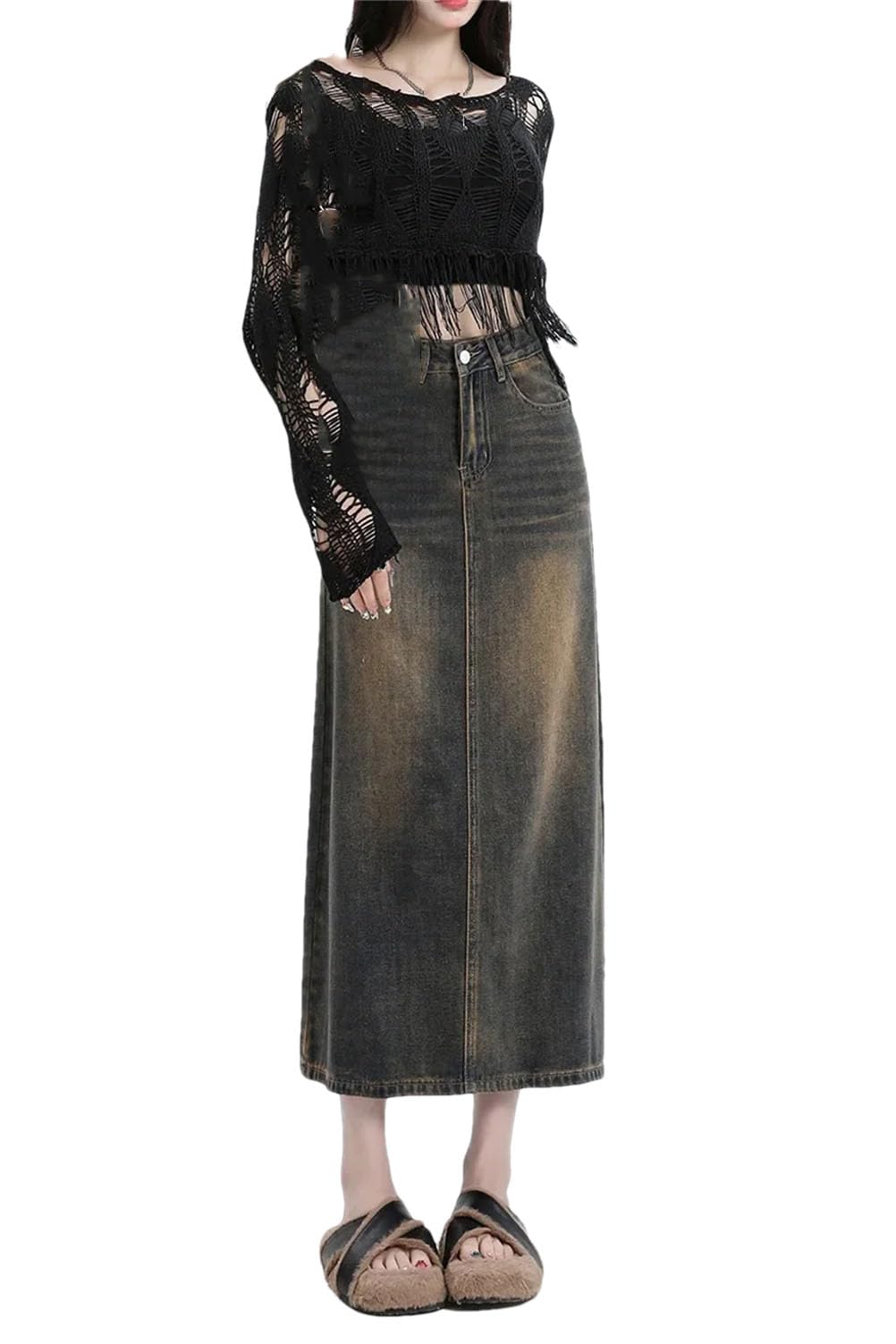 Mini jupe taille haute A-Line pour femme, design fendu, jupe en jean mi-longue