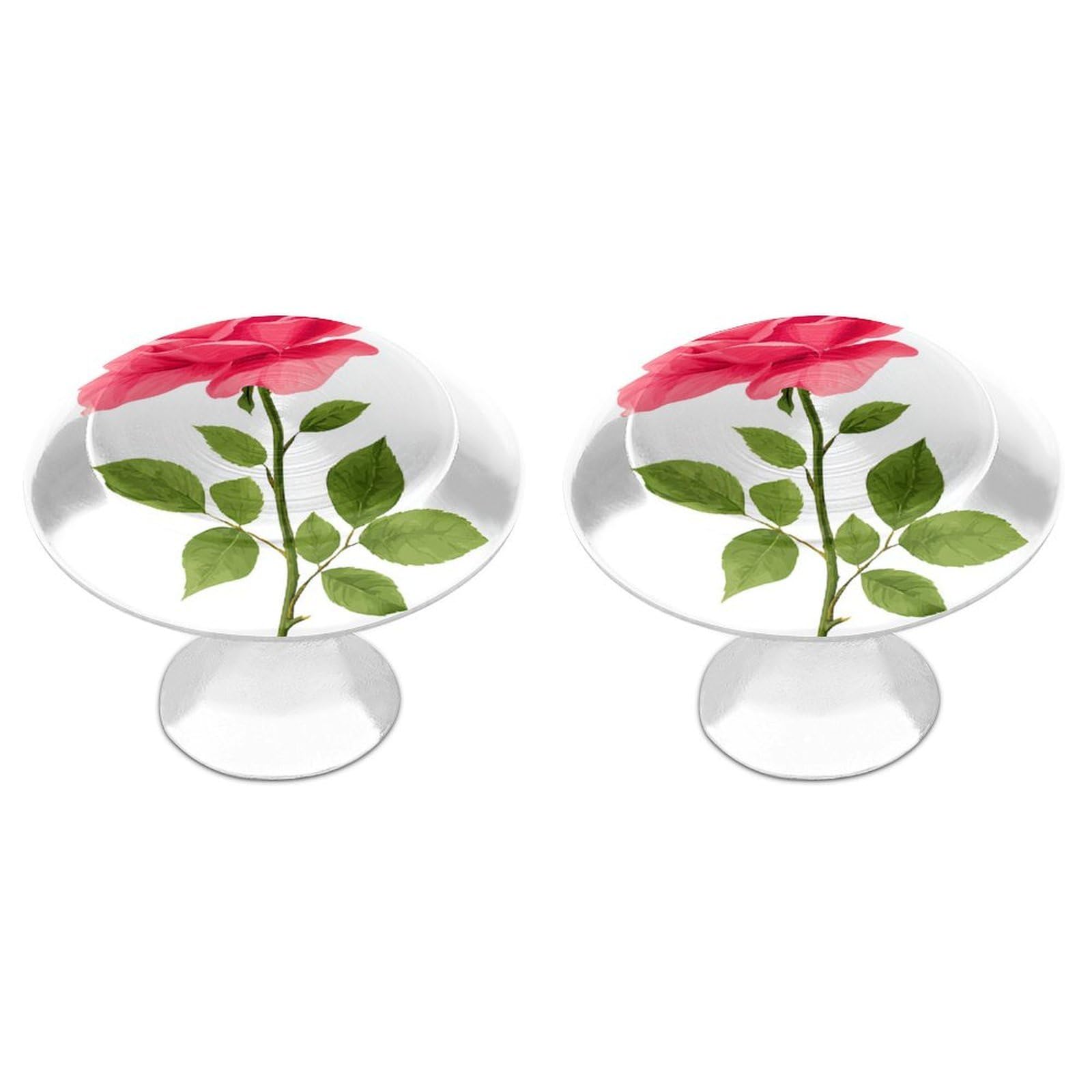 Jubonexis Rose with Stem Pink Flower Round Drawer Cabinet Knobs Handles with Screws,2 Pcs, Drawer Dresser Knob Pulls Decor for Wardrobe Cupboard Home Office Kitchen