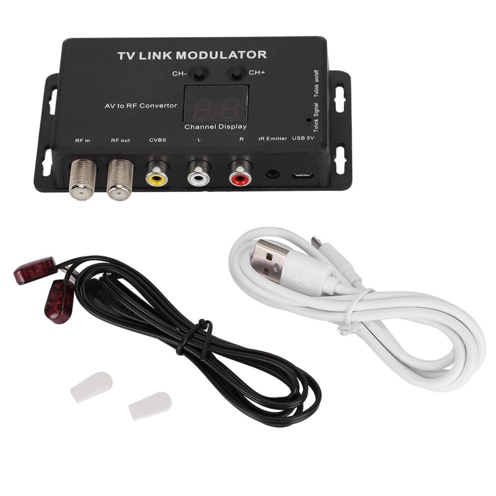 Dpofirs UHF-Modulator, TM70 UHF-TV-LINK-Modulator AV-zu-HF-Wandler IR-Extender mit Kanalanzeige, Modulatormodulator AV-zu-HF-Wandler-IR-Extender, Unterstützung von PAL/NTSC mit USB-Ladekabel