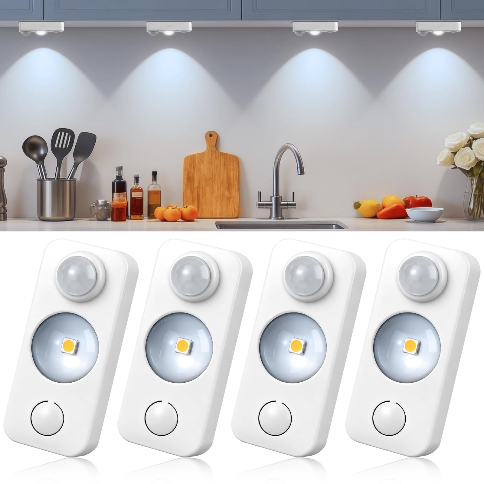 LED Motion Sensor Lights Indoor, Rechargeable Cupboard Lights with 3 Modes, Stick-On Dimmable Wireless USB Night Light for Wardrobe, Shelf, Stairs, Hallway, Under Cabinets, Daylight White(4 Pack)