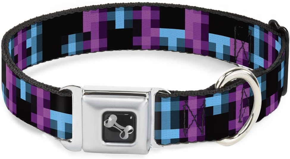 Buckle-Down Seatbelt Buckle Dog Collar - Pixilated Checker Black/Fuchsia/Turquoise - 1" Wide - Fits 15-26" Neck - Large