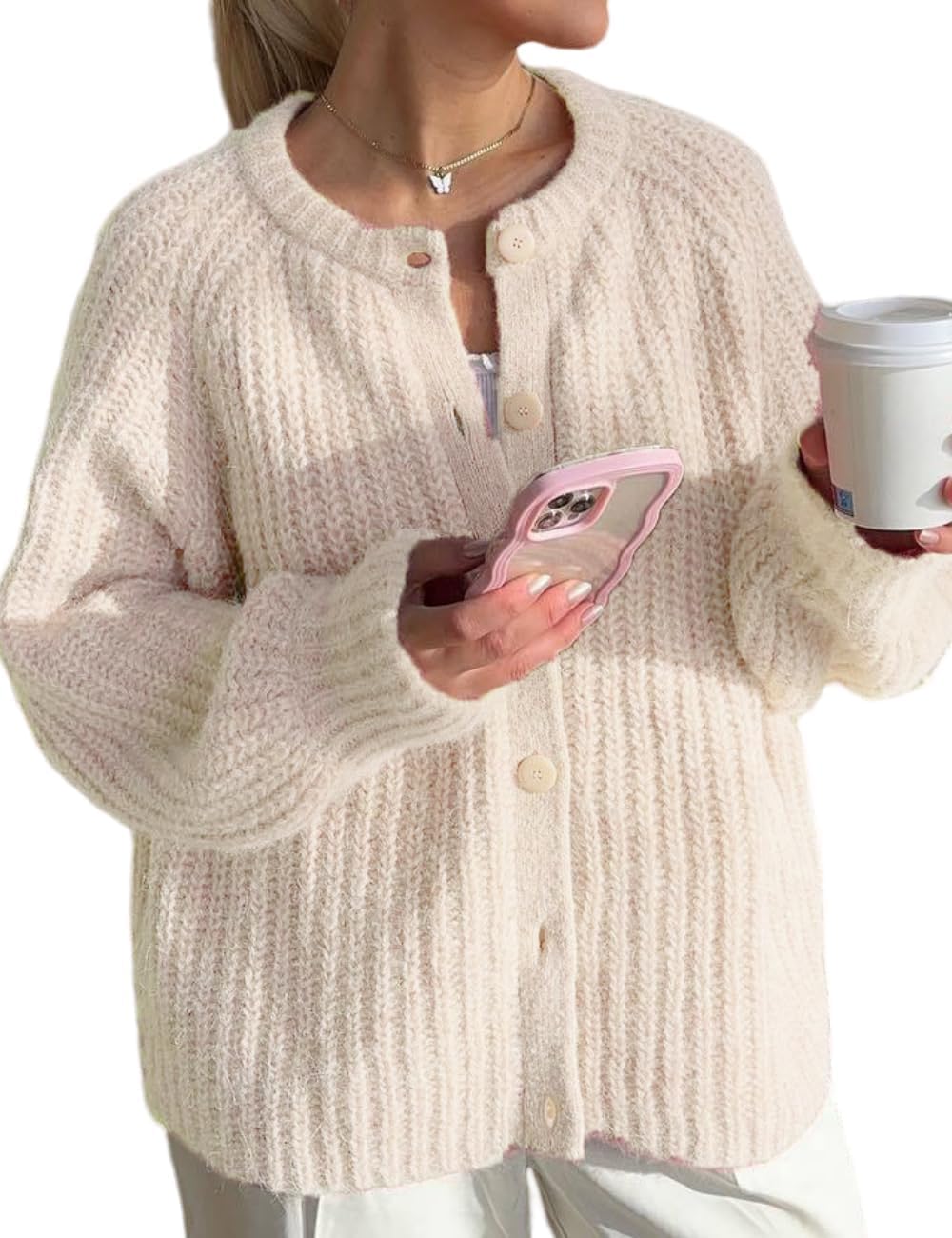 Womens Cardigan Sweater Chunky Knitted Crew Neck Long Sleeve Button Down Jackets Open Front Loose Casual Coat