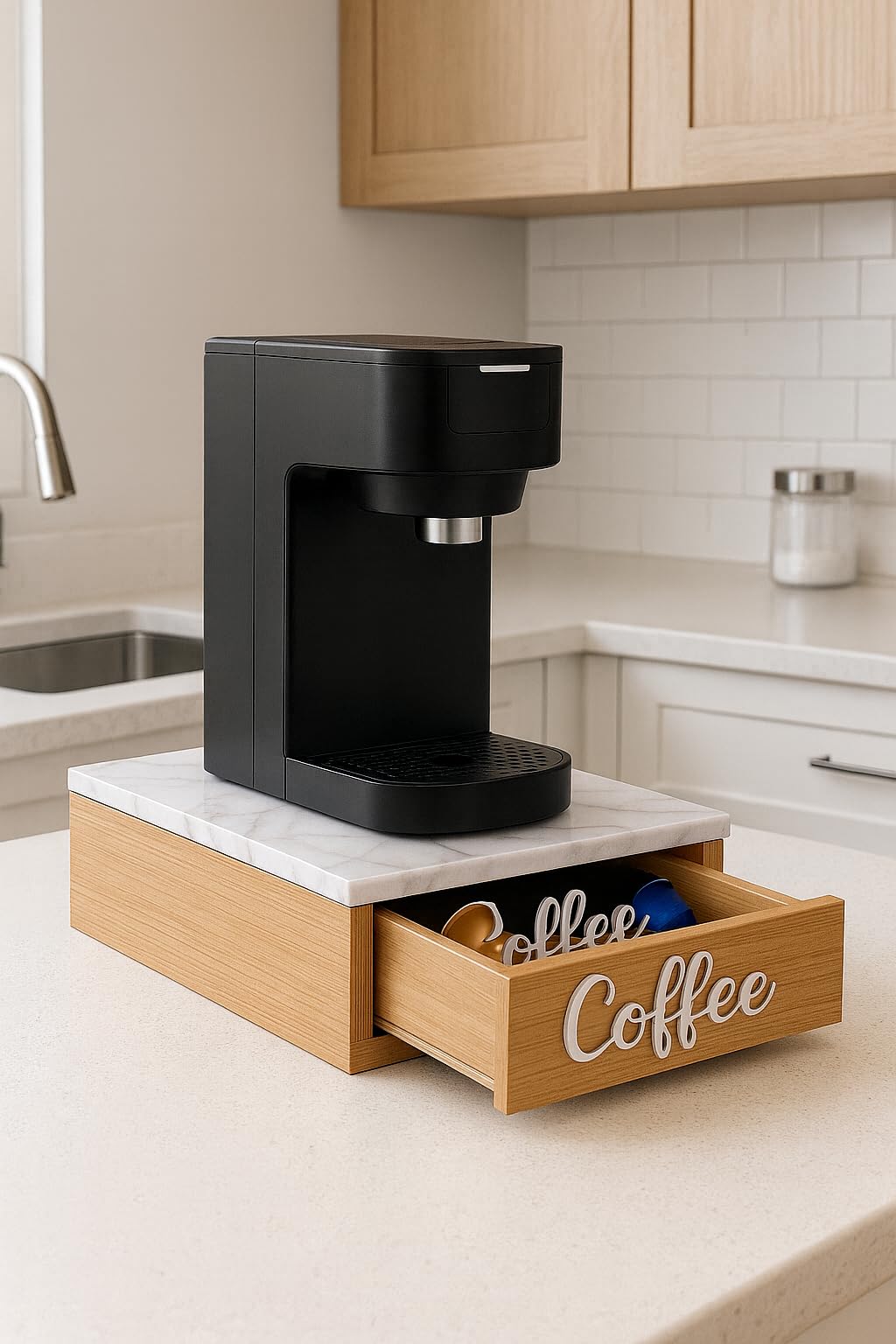 Porta Capsule Caffè in Legno con Piano Effetto Marmo Bianco e Cassetto Organizer – 30x30x10 cm