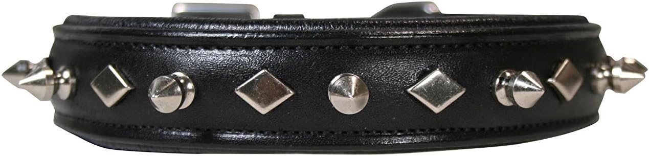 Derby Originals Dog Designer Series USA Leather Spikes and Diamond Padded Dog Collar, Black, 20"