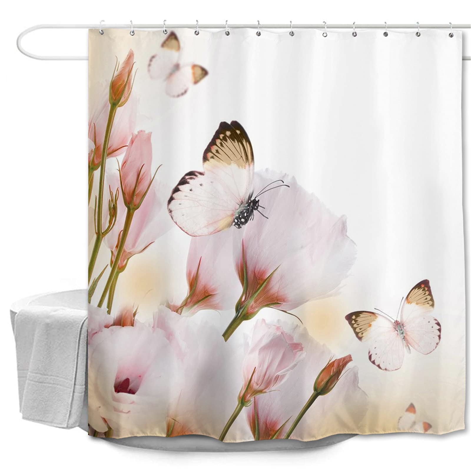 Oduo Shower Curtains Mould Proof Resistant Washable, 3D Rose Flower Print Shower Curtains Waterproof Bath Curtain with 10-12 Hooks - Shower Curtain for Bathroom (Butterfly,180x200cm)