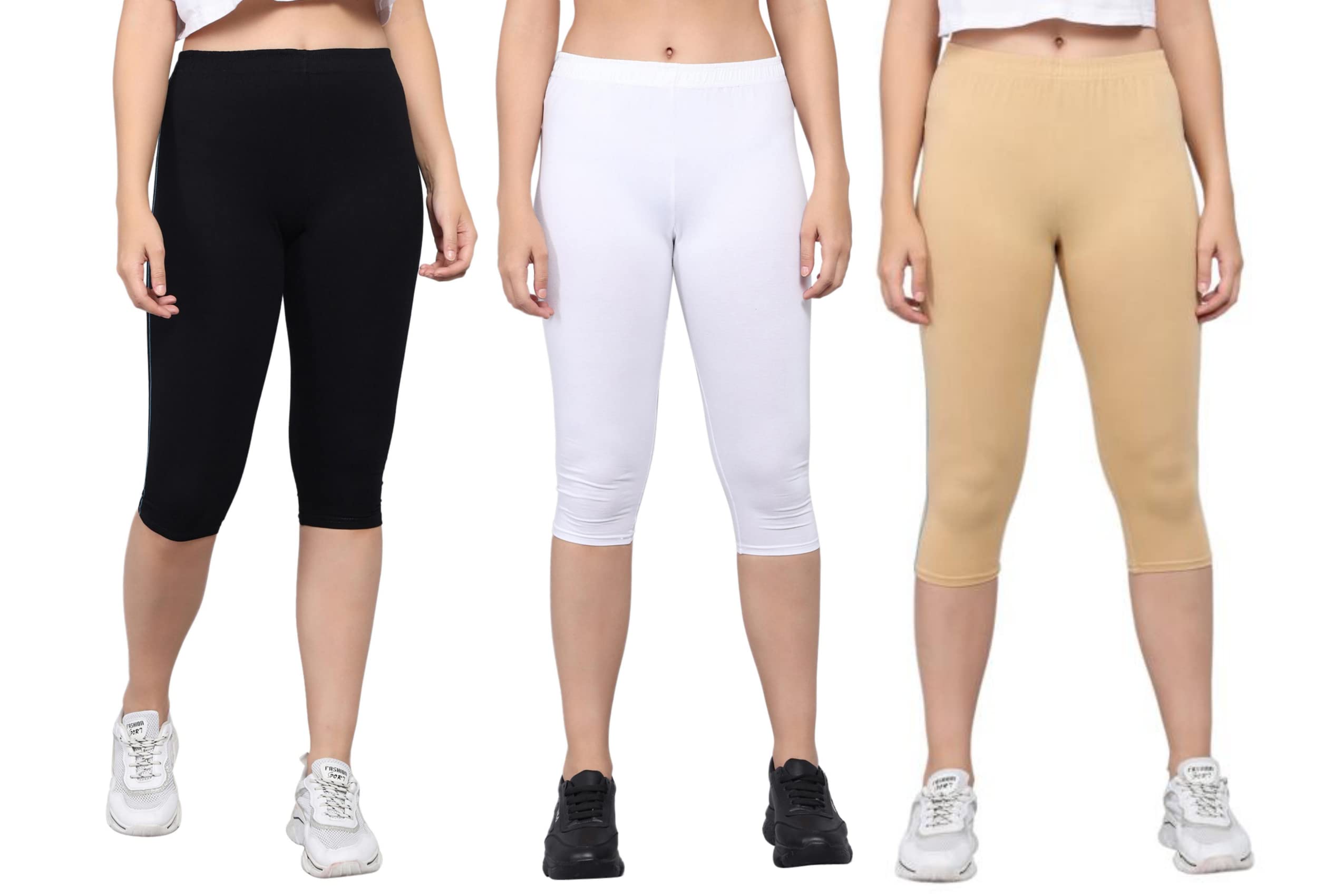 Pinkshell Plain Three Colour Combo Women's Calf Length Capri - Active Workout Running Trendy Cotton Lycra Slim Fit Three Fourth-picture-39