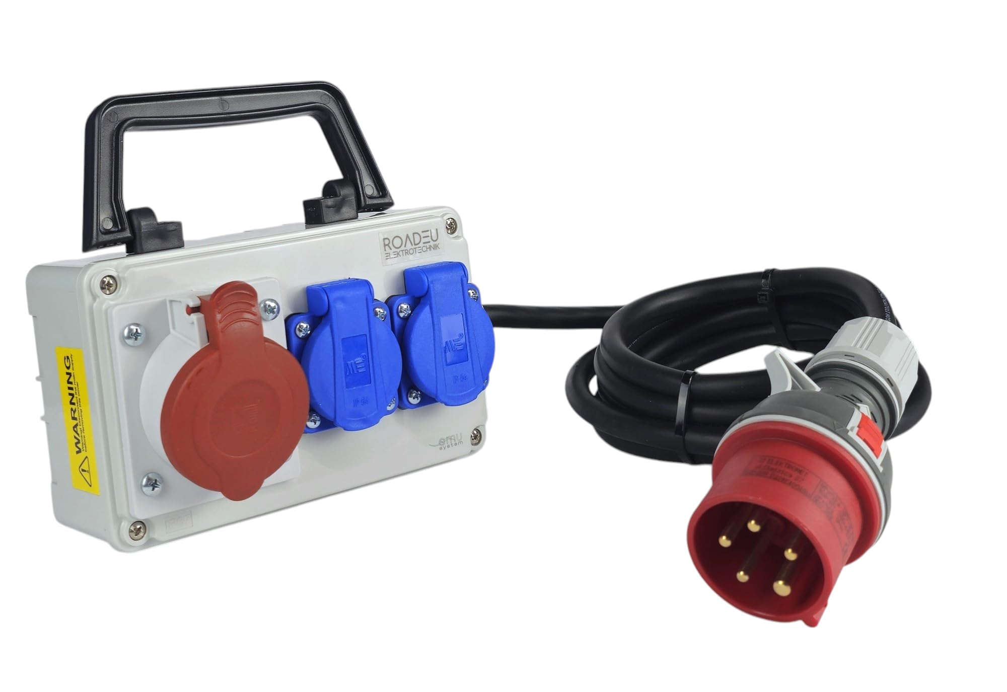RoadEu - CEE Steckdose 16A und 2x Schuko Verteiler - Steckdosenverteiler - Stromverteiler 16A, Mobilverteiler - Stromkabel 10 meter - Baustromverteiler mit CEE Stecker 16A