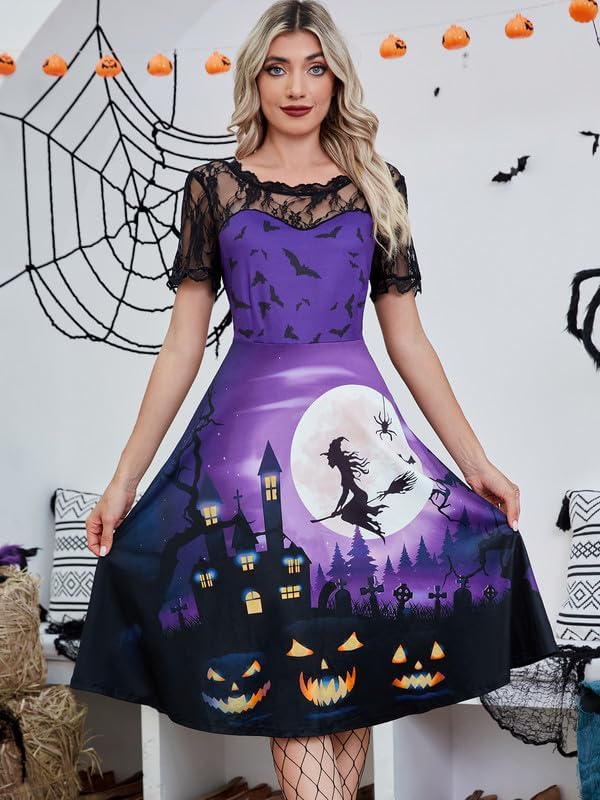 Halloween Women's Lace Sleeve Pumpkin Swing Dress with Side Zipper