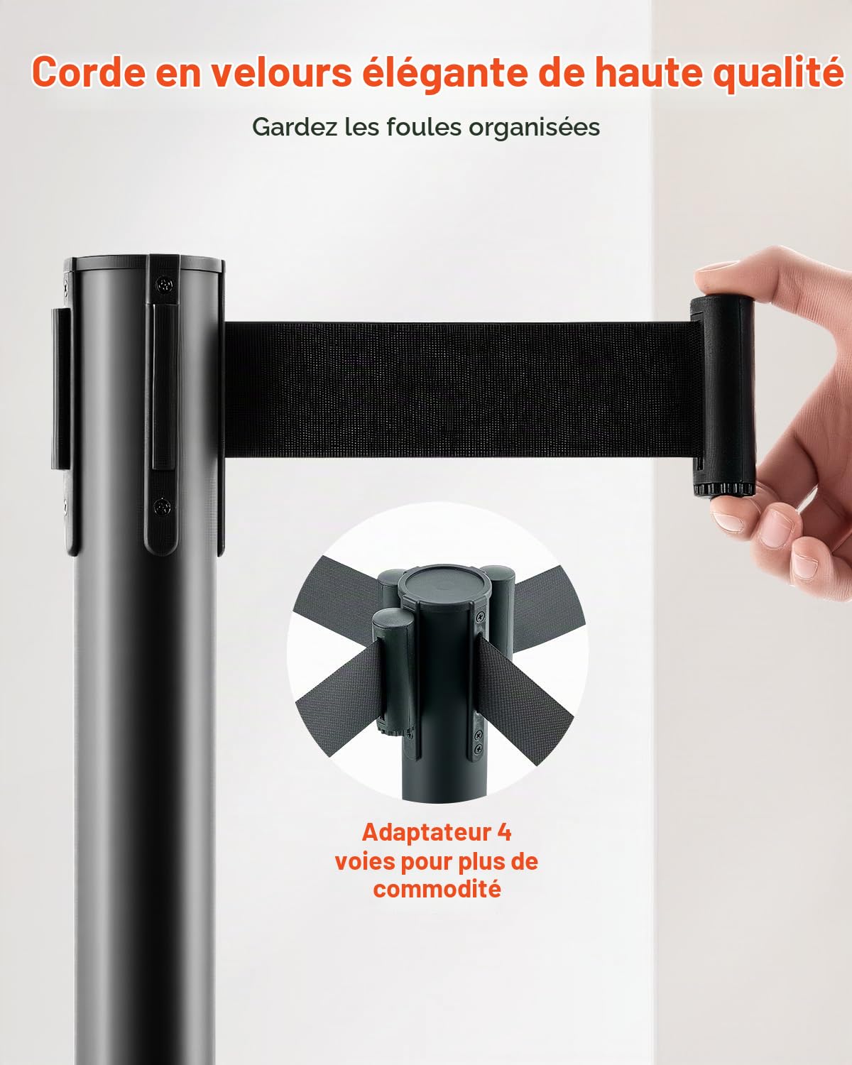 VEVOR Poteau de guidage, 6 pcs, barrière de balisage pour contrôle de foules, avec base creuse, sangle rétractable noire et poteaux noirs en acier au carbone, pour théâtre, fête, mariage, exposition