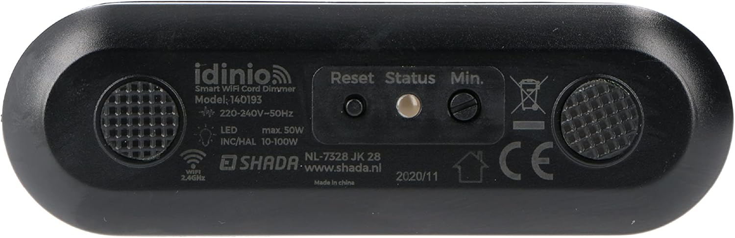Bund view af idinio Smart WiFi-ledningsdæmperen, der viser modelnummer, elektriske klassificeringer og kontrolknapper