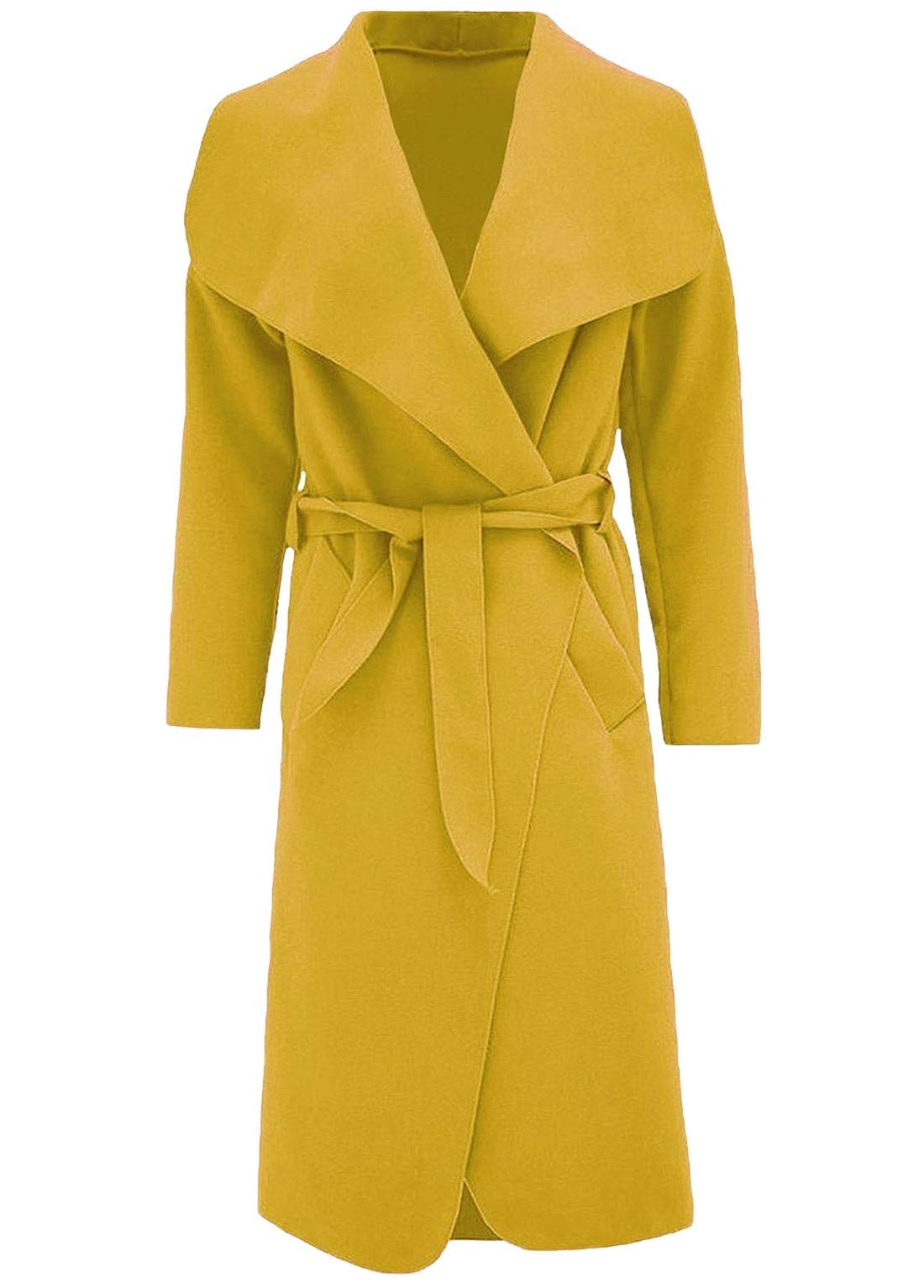 FAIRY TRENDZ LTD Womens Ladies Italian Trench Long Coat Waterfall Duster Cape Belted Cardigan Winter Wear Jacket Wrap Coat Mustard UK 12-14
