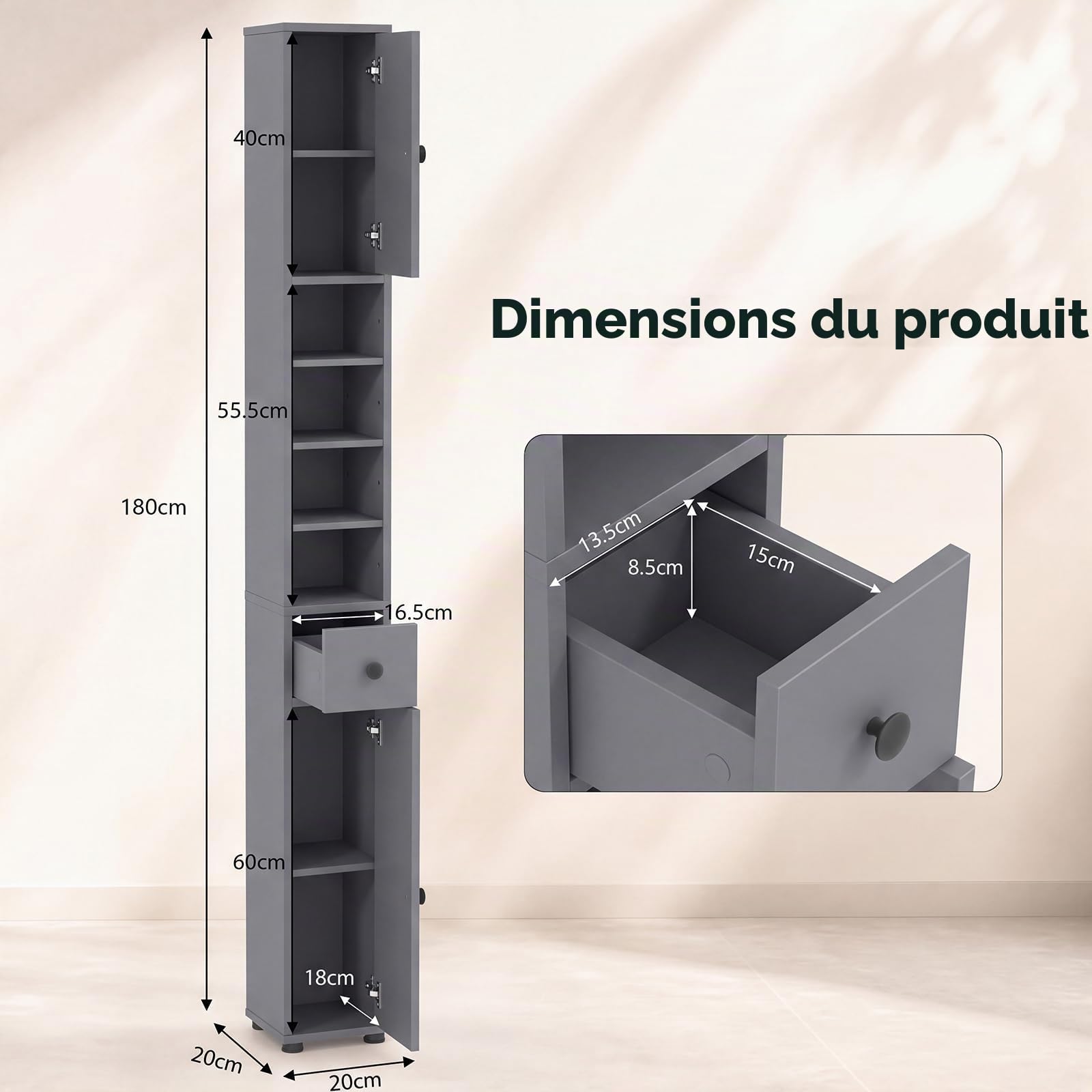 GIANTEX Colonne Salle de Bain Haute, Petit Meuble de Rangement Salle de Bain, 2 Portes, 1 Tiroir, Étagère Réglable, Meuble Rangement pour Toilette, Salon, Bureau, 20x20x180 cm(4Étagère,Gris)