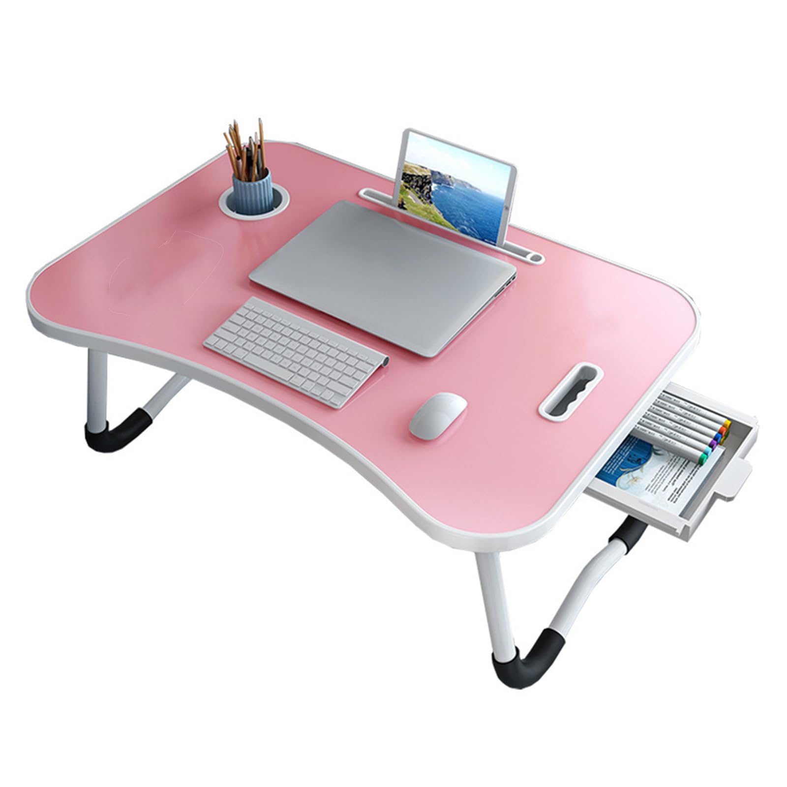 Sleek Corners Arc biurko na laptopa łóżko, gniazdo na karty/szuflada/uchwyt na kubek / stojak do czytania / uchwyt / składany stolik z tacą na nogi, jedzenie, pisanie (różowy 60,6 cala)