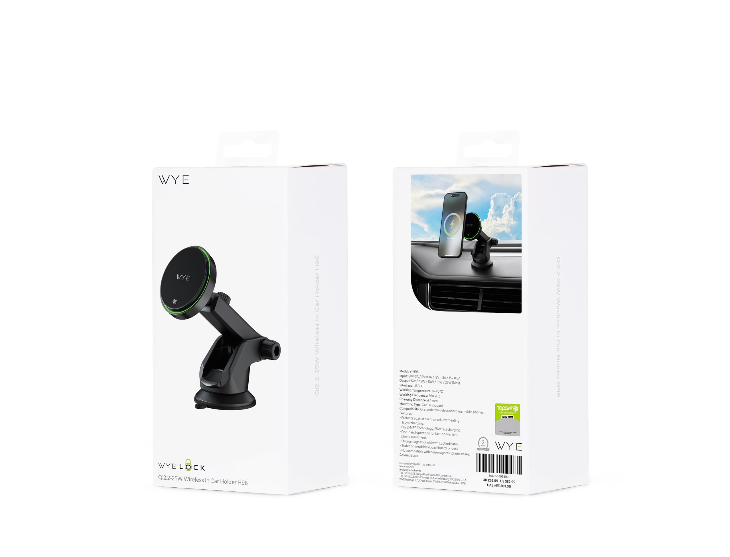 WYE Caricabatterie magnetico wireless da auto da 25 W con ricarica rapida Q12.2-MPP, supporto da cruscotto USB-C e indicatore LED per smartphone Qi, nero