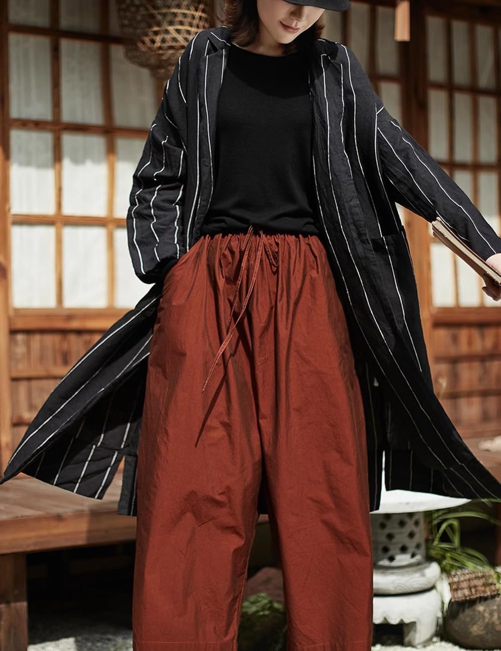 Ystylee Women's Striped Linen Single Breasted Long Trench Coat Lightweight Spring Fall Fashion Dust Coat