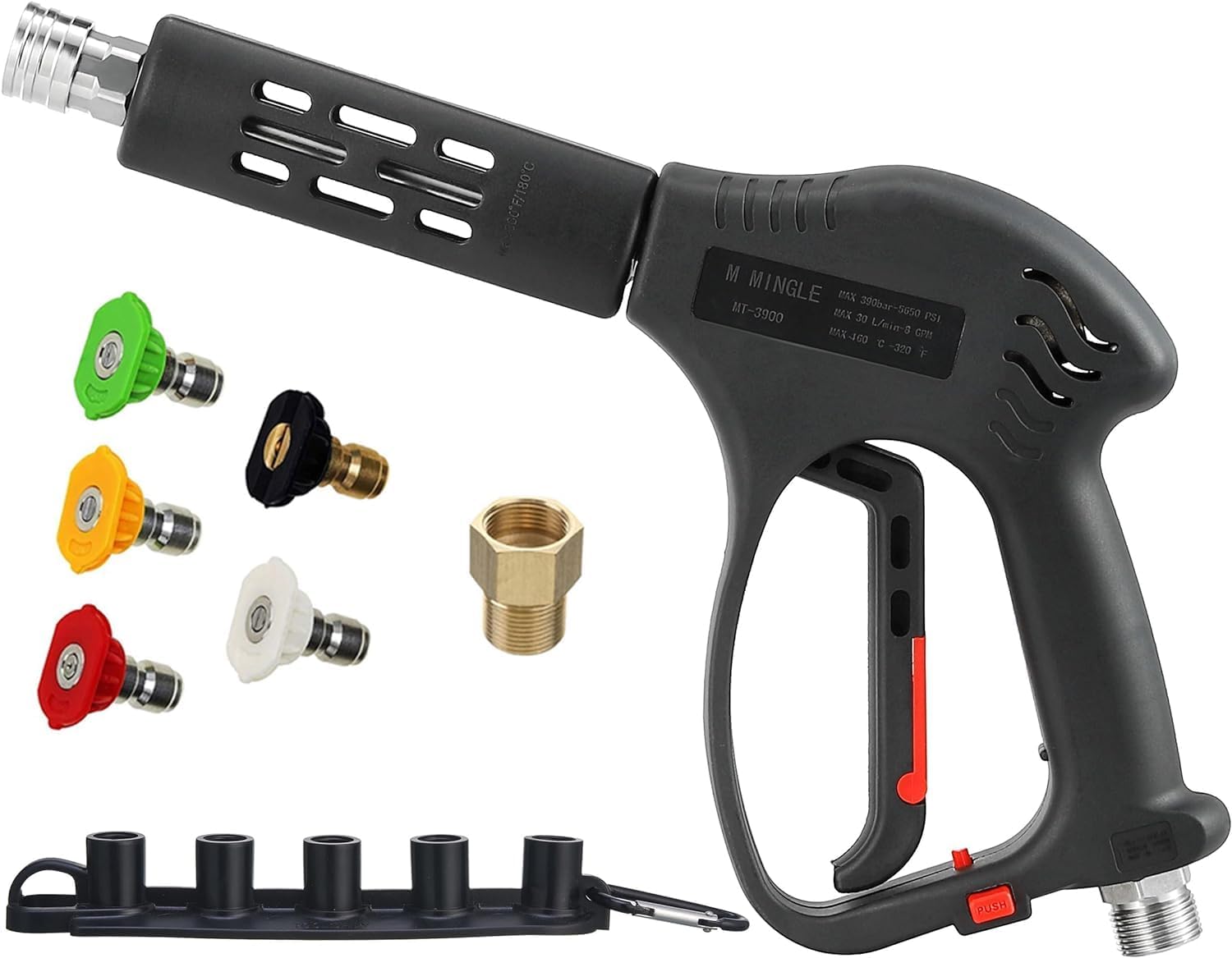Short High Pressure Washer Gun, 5000 PSI, Replacement for Hot and Cold Water, M22 Fitting, 5 Nozzle Tips