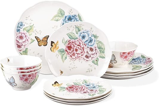 Lenox Dinnerware Set, Butterfly Meadow Hydrangea 12-Piece Set, Service For 4, Made From Ceramic Porcelain, Dishwasher And Microwave Safe, Plates And Bowls Sets, Home & Kitchen Assorted, 12 Piece
