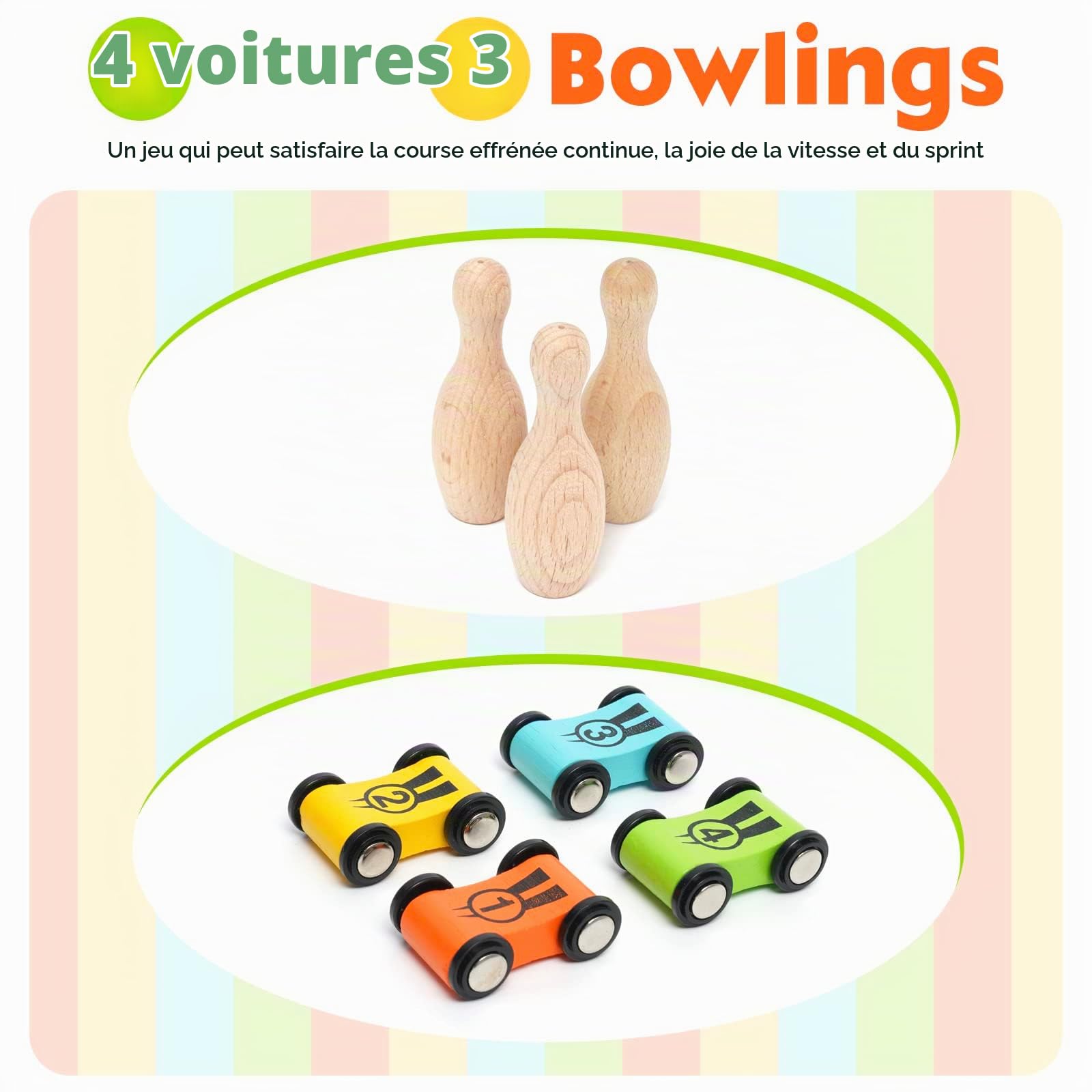 Voiture Rampe de Course Jouets, Circuit Rampe avec 4 Mini Voitures et 3 Boules de Bowling, Toboggan Bois, Glissière en Zigzag Jeu pour Enfants 1-3 Ans